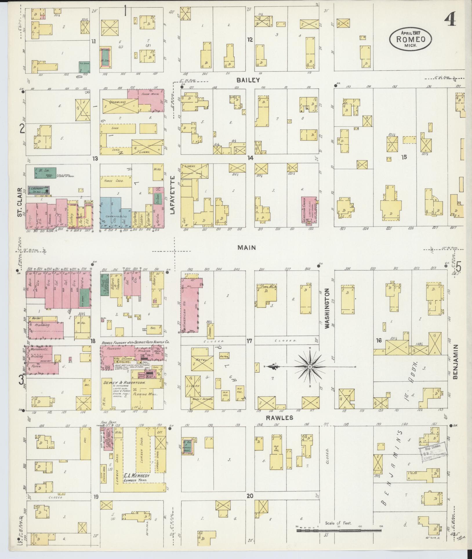 Sanborn Fire Insurance Map from Romeo, Macomb County, Michigan (1907), Sheet #0004 - Complete Map Set gallery image, historic Sanborn map, vintage wall art, Michigan Michigan