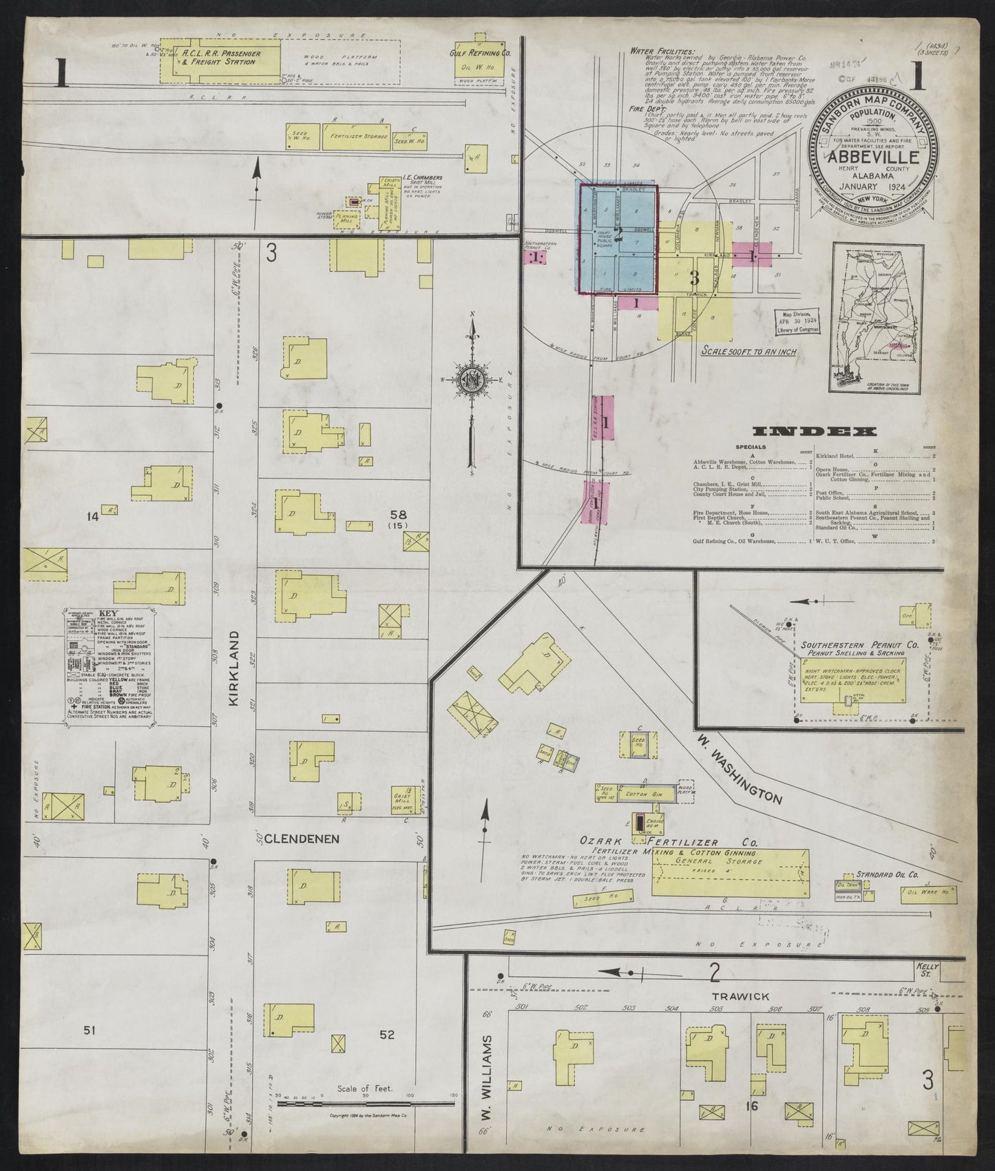 Sanborn Fire Insurance Map from Abbeville, Henry County, Alabama (1924), Sheet #0001 - Complete Map Set gallery image, historic Sanborn map, vintage wall art, Alabama Alabama
