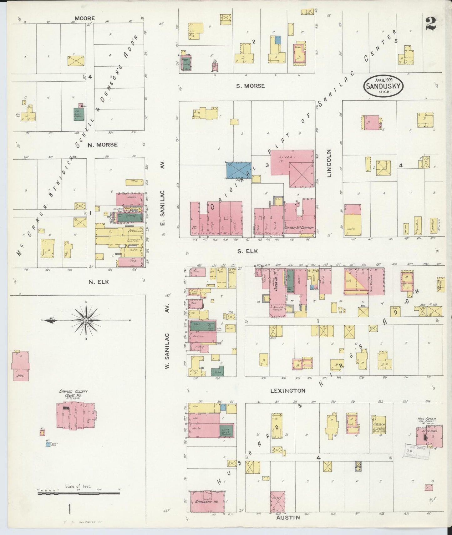 Sanborn Fire Insurance Map from Sandusky, Sanilac County, Michigan (1909), Sheet #0002 - Complete Map Set gallery image, historic Sanborn map, vintage wall art, Michigan Michigan