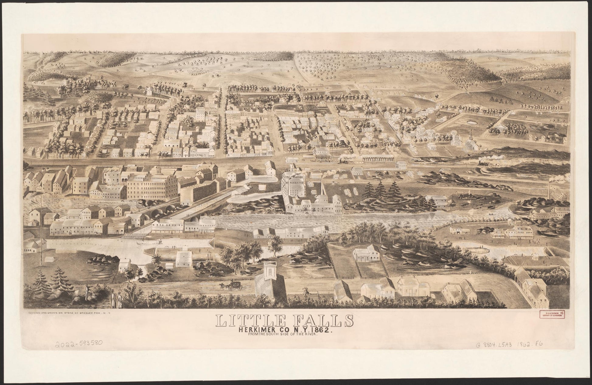 Little Falls, Herkimer Co N.Y. 1862 : from south side of the river (1862) – Historic Bird’s-Eye View Panorama Print