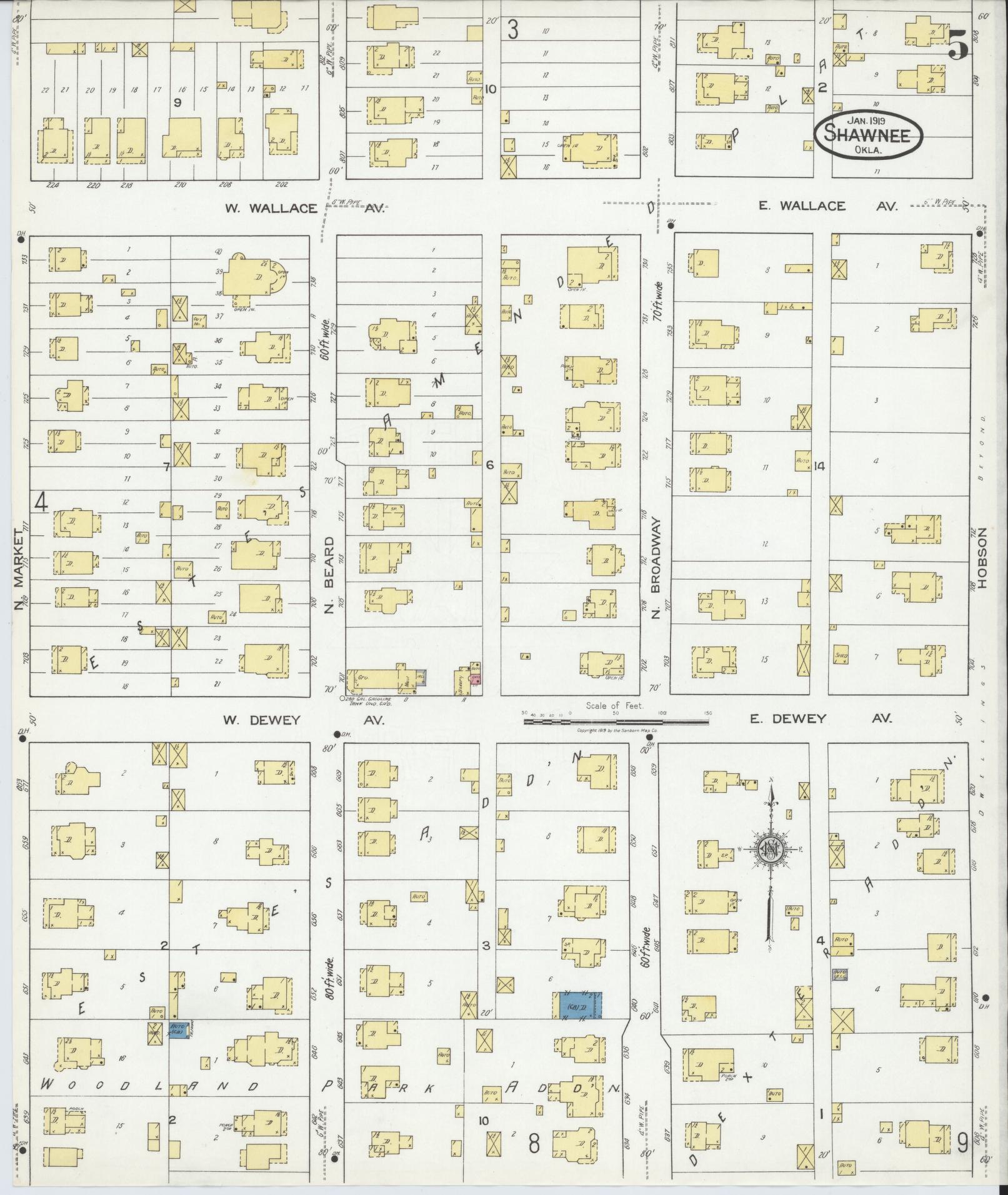 Sanborn Fire Insurance Map from Shawnee, Pottawatomie County, Oklahoma (1919), Sheet #0005 - Complete Map Set gallery image, historic Sanborn map, vintage wall art, Oklahoma Oklahoma