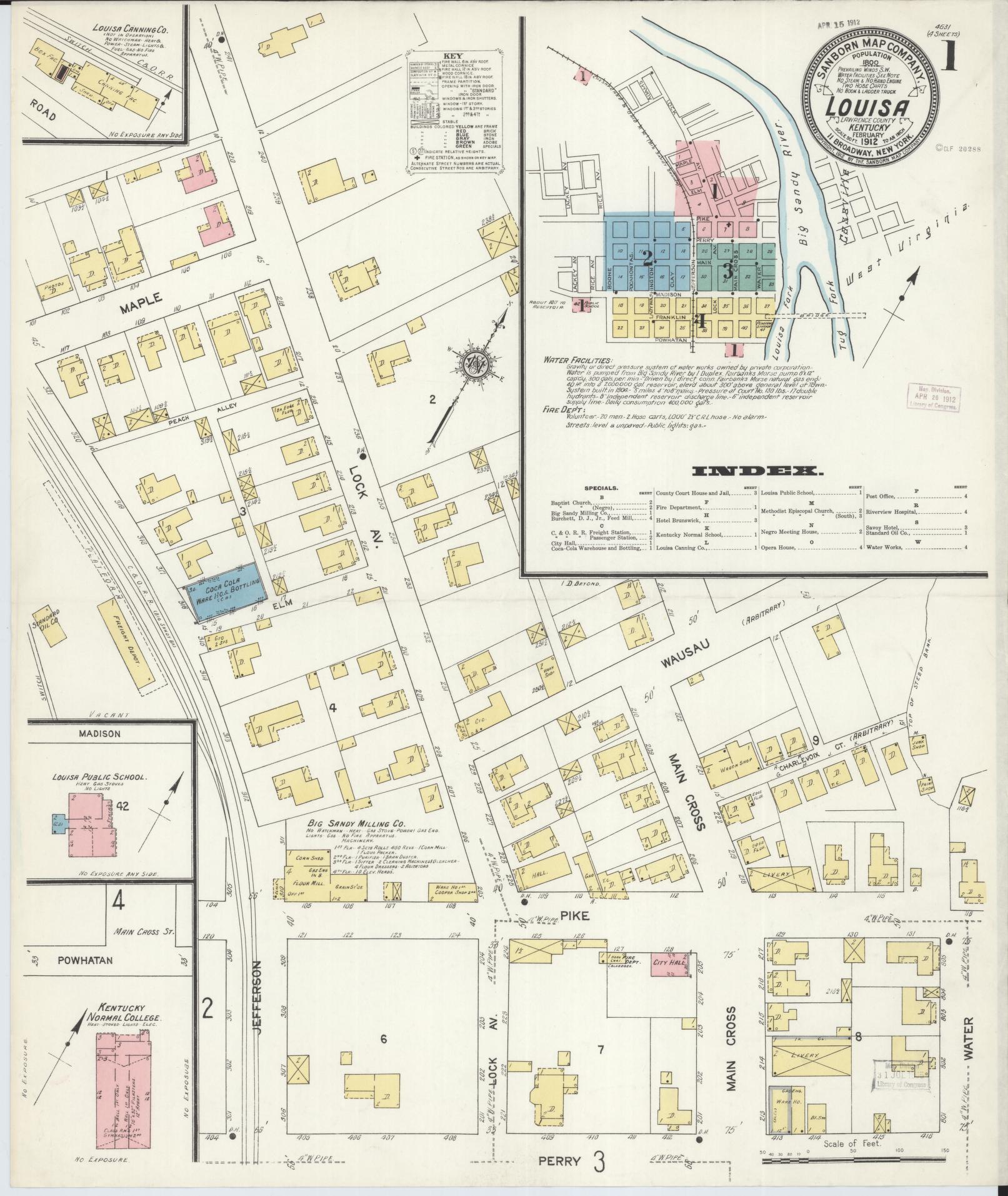 Sanborn Fire Insurance Map from Louisa, Lawrence County, Kentucky (1912), Sheet #0001 - Complete Map Set gallery image, historic Sanborn map, vintage wall art, Kentucky Kentucky