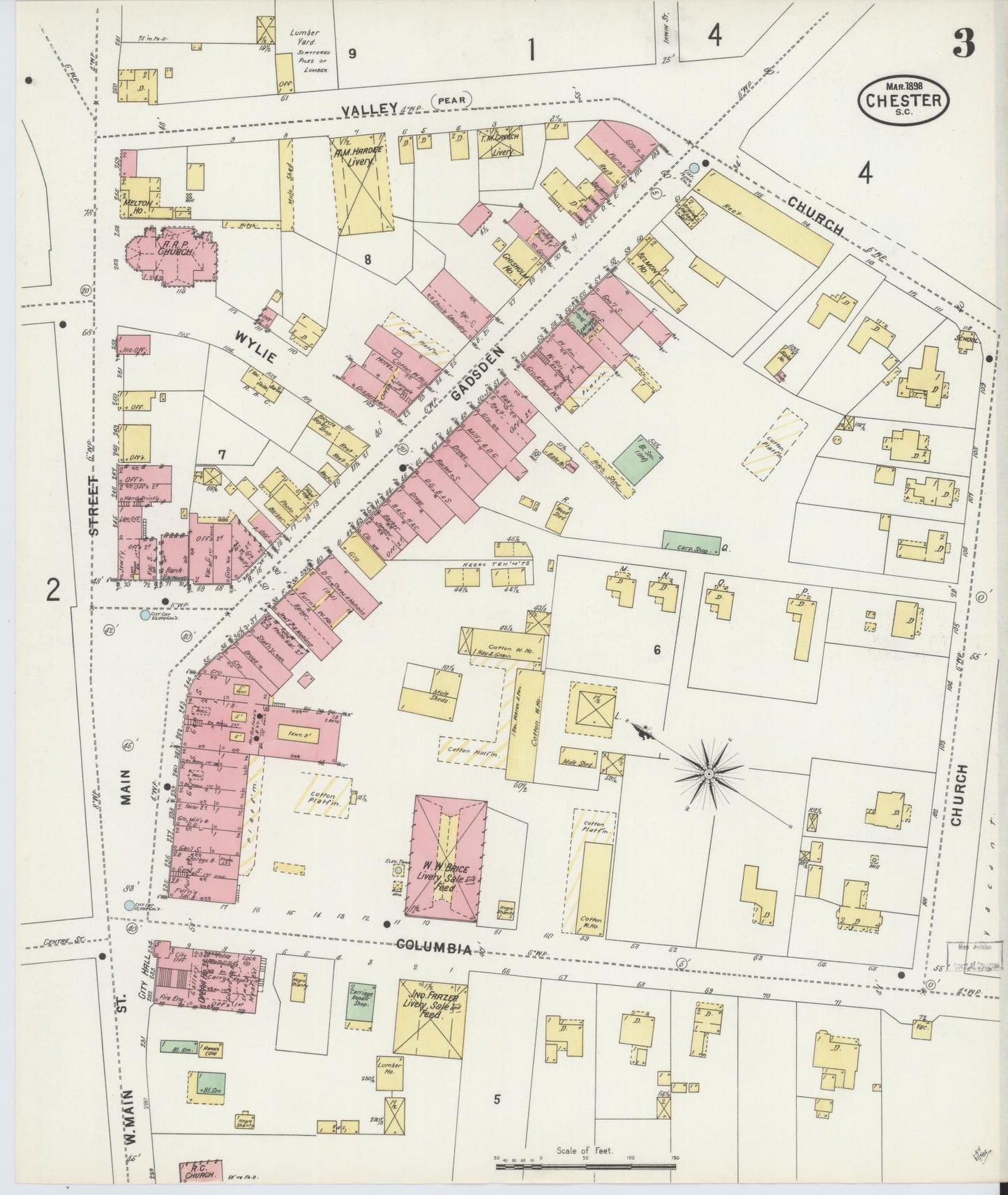 Sanborn Fire Insurance Map from Chester, Chester County, South Carolina (1898), Sheet #0003 - Historic Sanborn Fire Insurance Map Print, vintage old map wall art, antique decor, genealogy gift, South Carolina South Carolina map