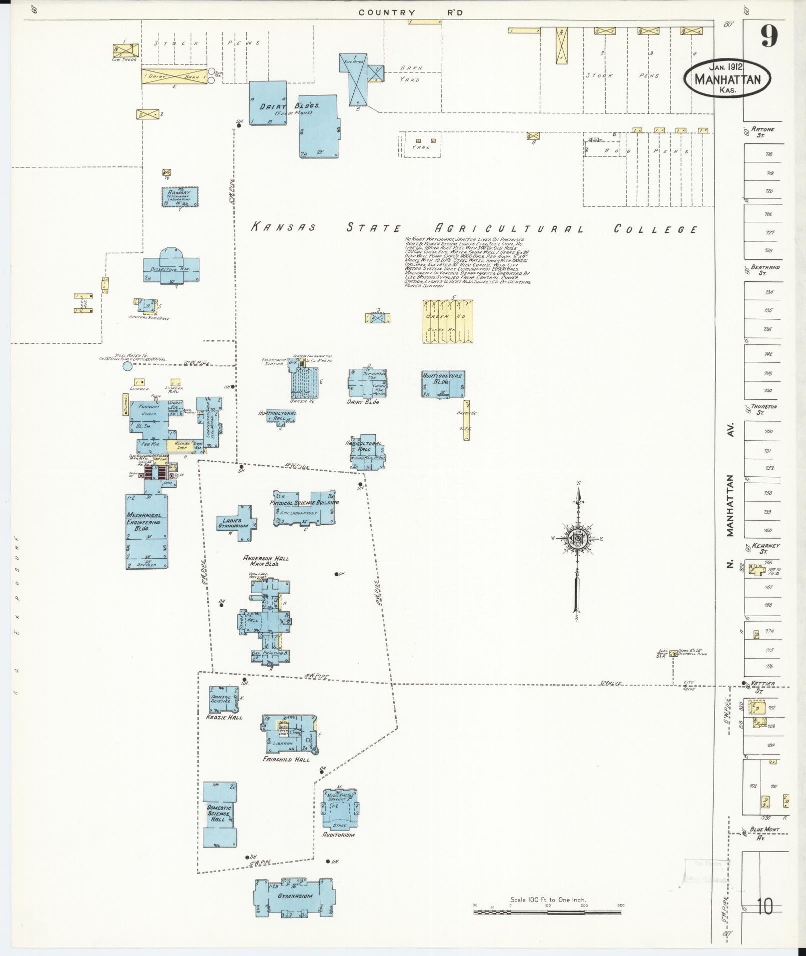 Sanborn Fire Insurance Map from Manhattan, Riley County, Kansas (1912), Sheet #0009 - Historic Sanborn Fire Insurance Map Print, vintage old map wall art, antique decor, genealogy gift, Kansas Kansas map