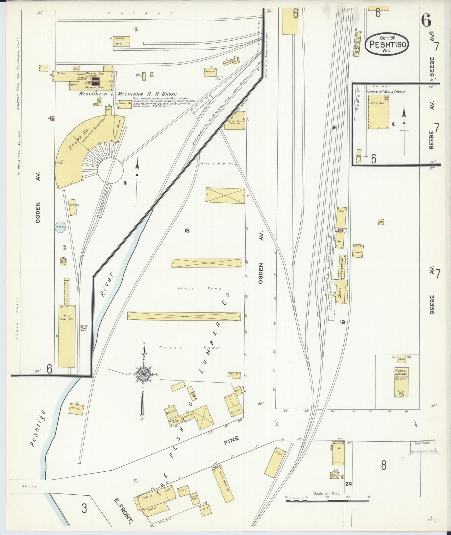 Sanborn Fire Insurance Map from Peshtigo, Marinette County, Wisconsin (1911), Sheet #0006 - Historic Sanborn Fire Insurance Map Print, vintage old map wall art, antique decor, genealogy gift, Wisconsin Wisconsin map