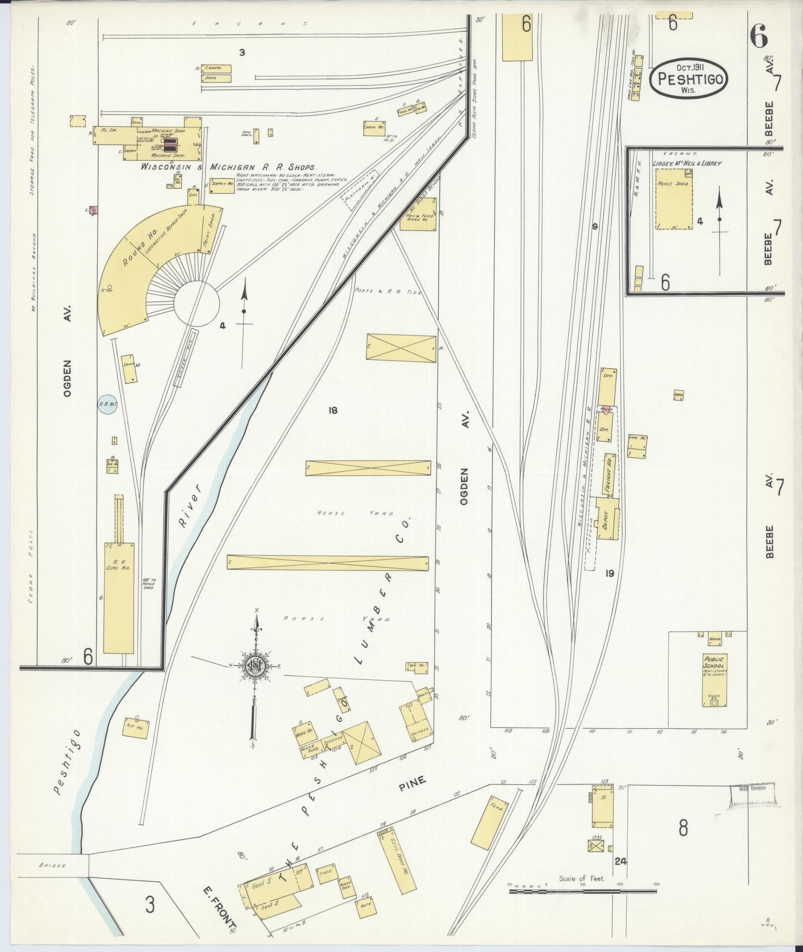 Sanborn Fire Insurance Map from Peshtigo, Marinette County, Wisconsin (1911), Sheet #0006 - Historic Sanborn Fire Insurance Map Print, vintage old map wall art, antique decor, genealogy gift, Wisconsin Wisconsin map