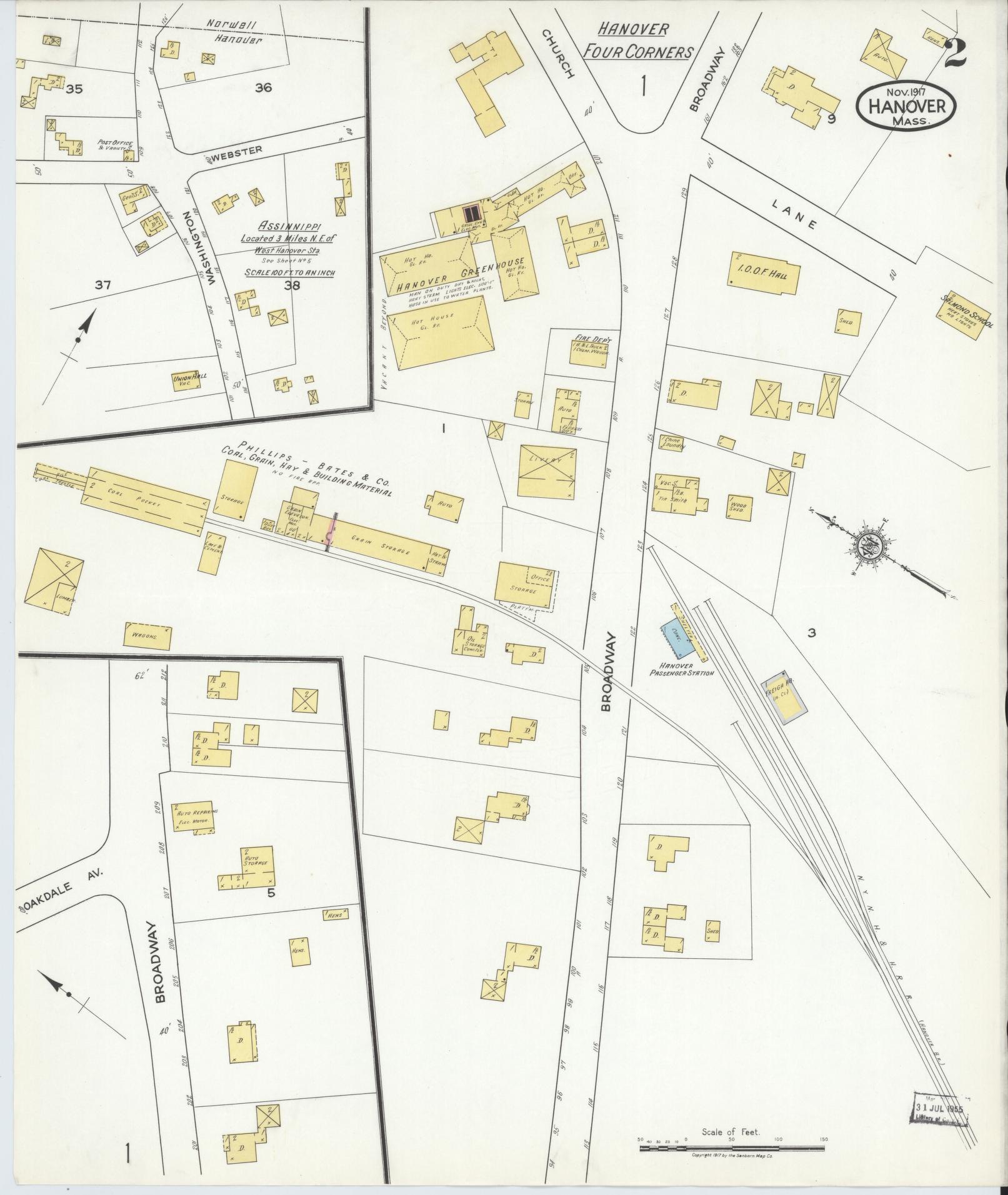 Sanborn Fire Insurance Map from Hanover, Plymouth County, Massachusetts (1917), Sheet #0002 - Complete Map Set gallery image, historic Sanborn map, vintage wall art, Massachusetts Massachusetts