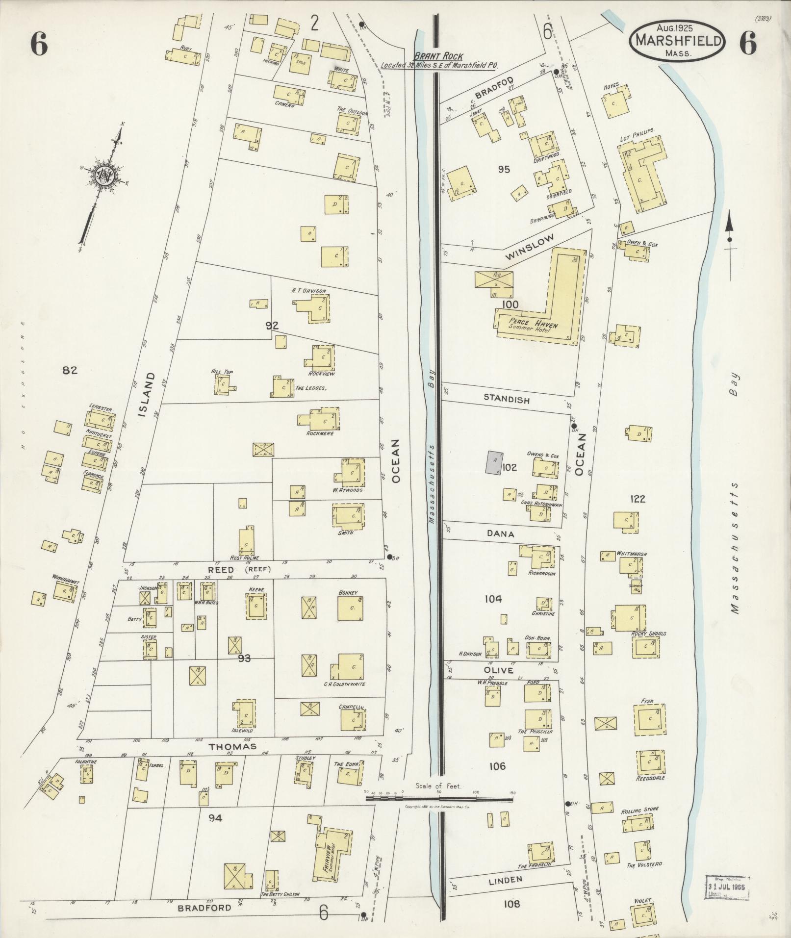 Sanborn Fire Insurance Map from Marshfield, Plymouth County, Massachusetts (1925), Sheet #0006 - Historic Sanborn Fire Insurance Map Print, vintage old map wall art, antique decor, genealogy gift, Massachusetts Massachusetts map