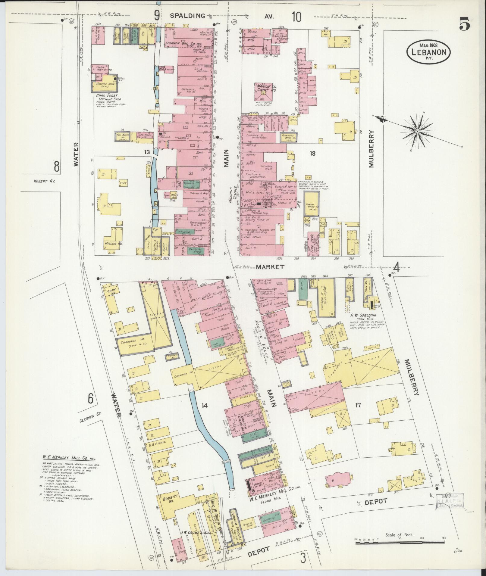 Sanborn Fire Insurance Map from Lebanon, Marion County, Kentucky (1908), Sheet #0005 - Historic Sanborn Fire Insurance Map Print, vintage old map wall art, antique decor, genealogy gift, Kentucky Kentucky map