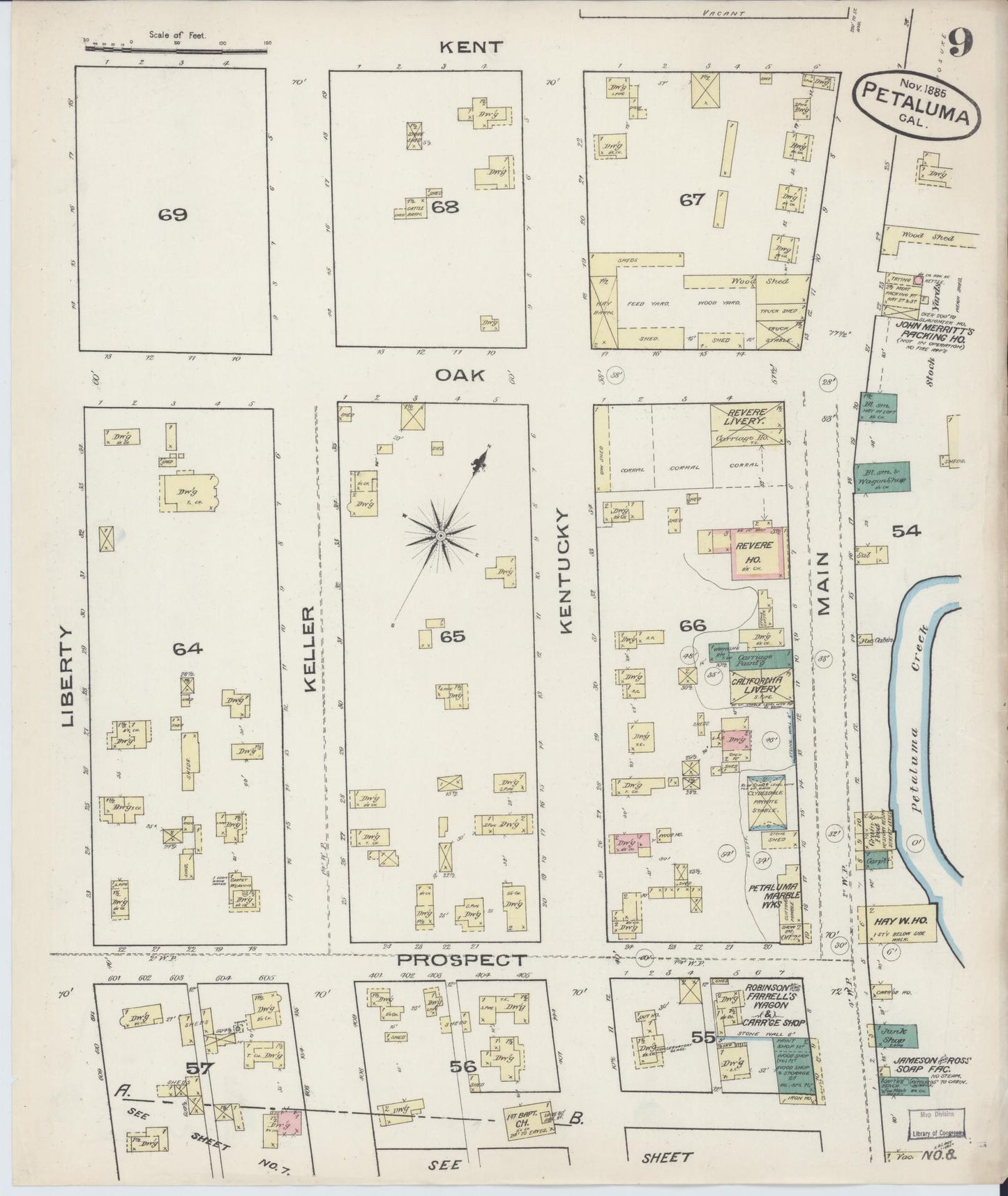 Sanborn Fire Insurance Map from Petaluma, Sonoma County, California (1885), Sheet #0009 - Complete Map Set gallery image, historic Sanborn map, vintage wall art, California California
