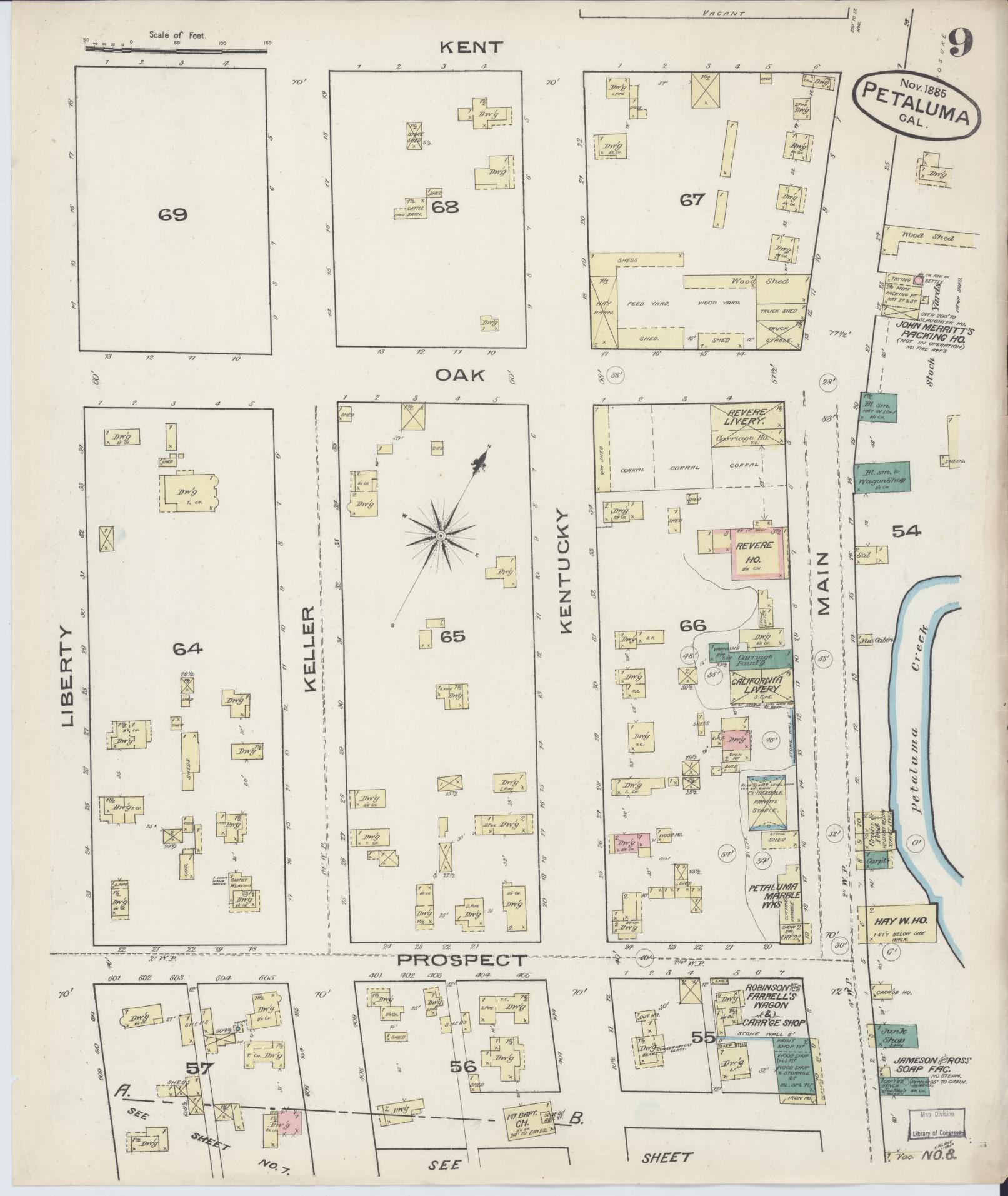 Sanborn Fire Insurance Map from Petaluma, Sonoma County, California (1885), Sheet #0009 - Complete Map Set gallery image, historic Sanborn map, vintage wall art, California California