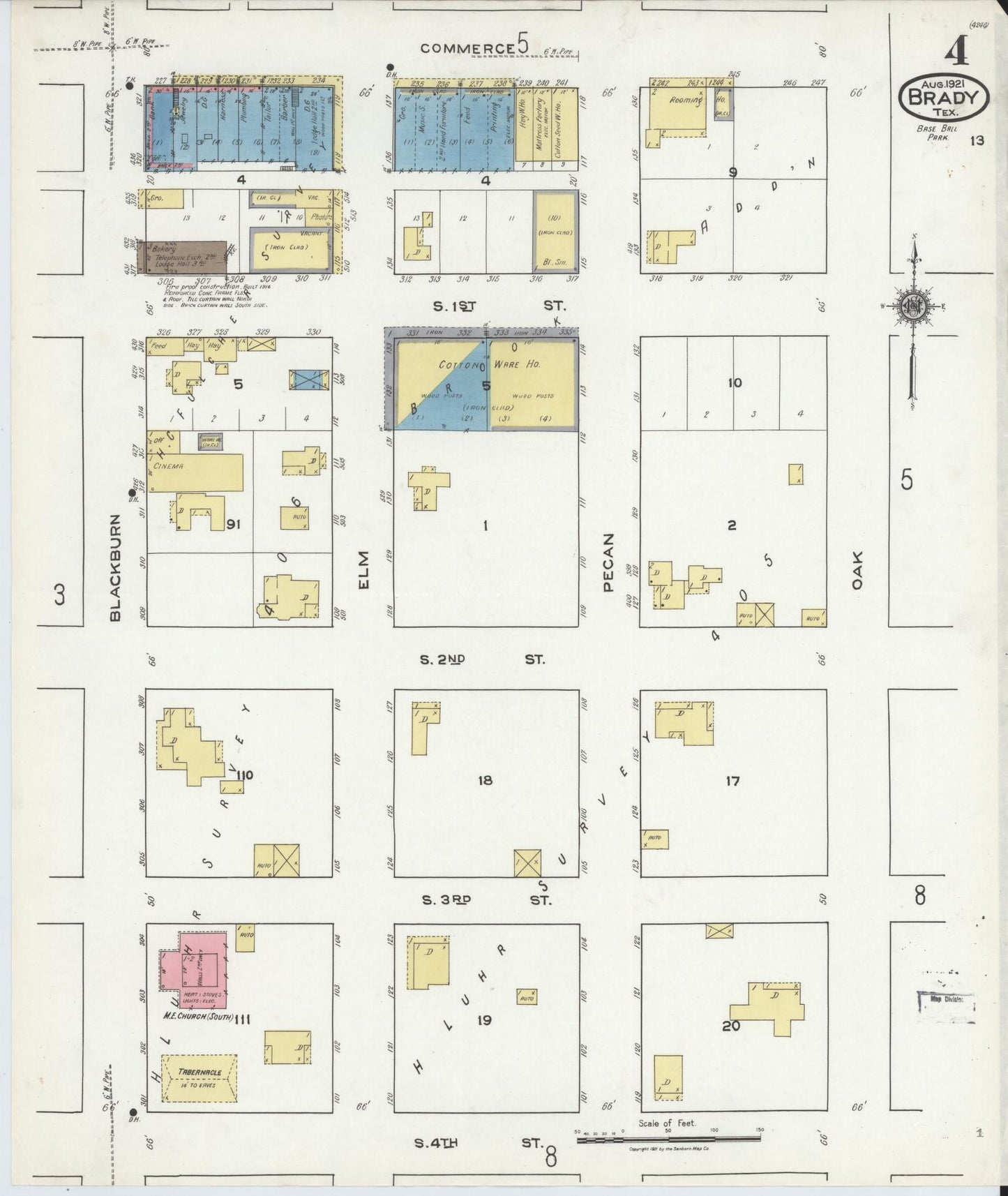 Sanborn Fire Insurance Map from Brady, McCulloch County, Texas (1921), Sheet #0004 - Historic Sanborn Fire Insurance Map Print, vintage old map wall art, antique decor, genealogy gift, Texas Texas map