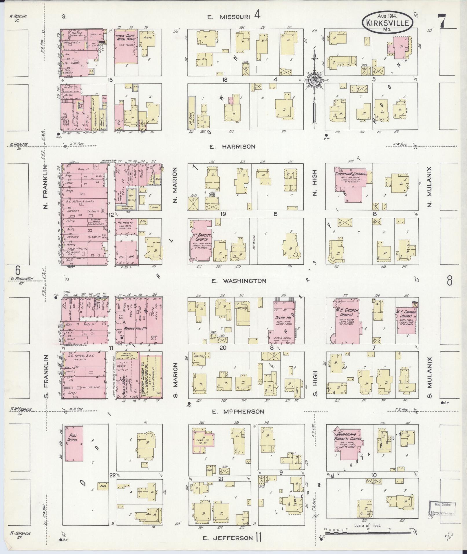 Sanborn Fire Insurance Map from Kirksville, Adair County, Missouri (1914), Sheet #0007 - Complete Map Set gallery image, historic Sanborn map, vintage wall art, Missouri Missouri