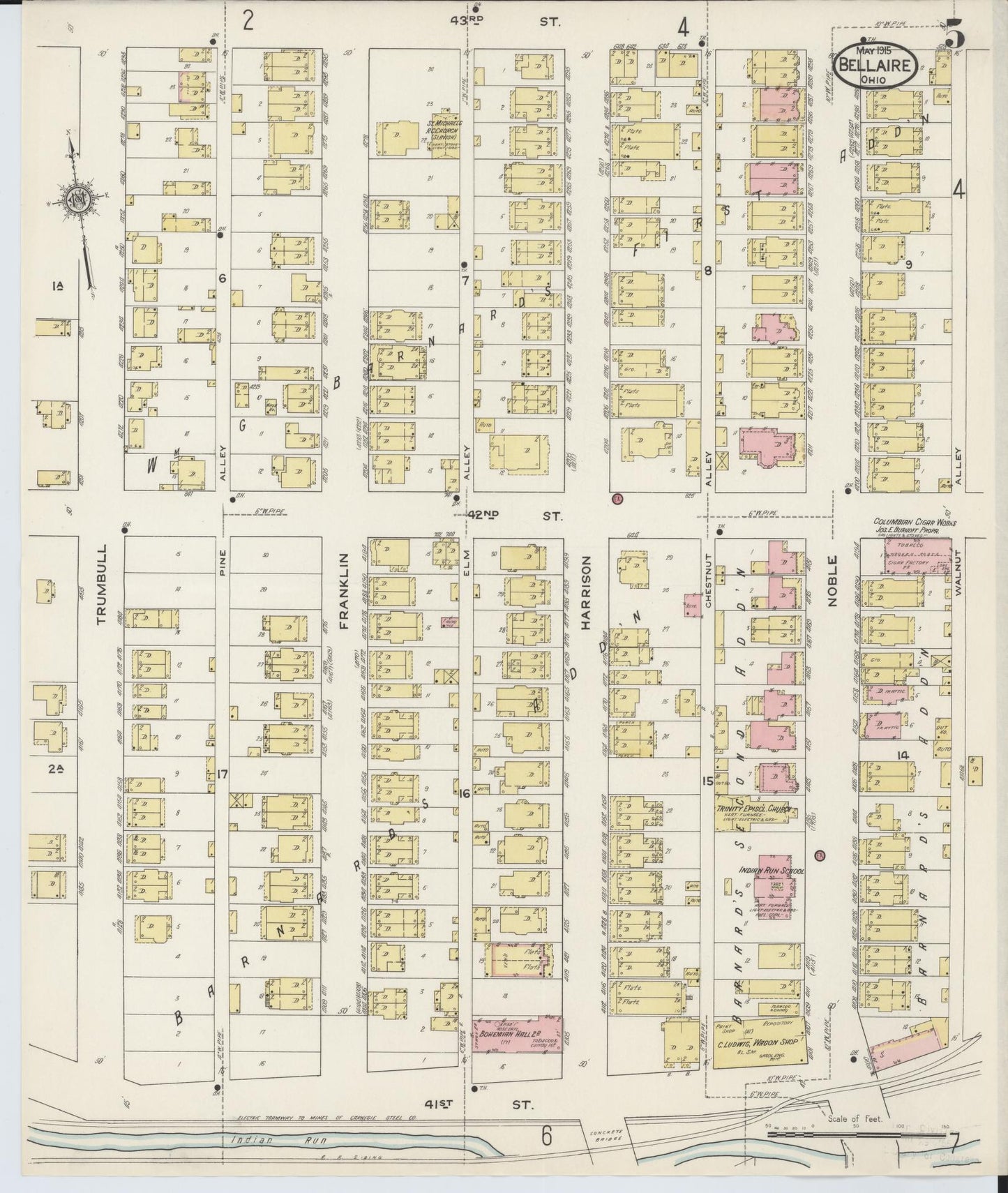 Sanborn Fire Insurance Map from Bellaire, Belmont County, Ohio (1915), Sheet #0005 - Historic Sanborn Fire Insurance Map Print, vintage old map wall art, antique decor, genealogy gift, Ohio Ohio map