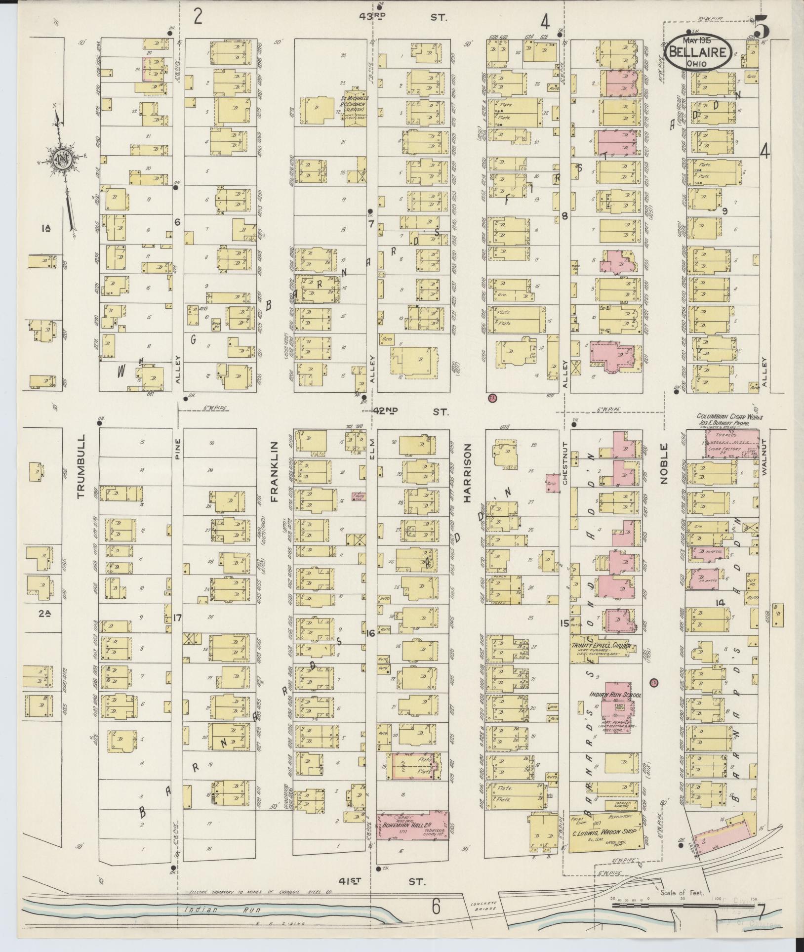 Sanborn Fire Insurance Map from Bellaire, Belmont County, Ohio (1915), Sheet #0005 - Historic Sanborn Fire Insurance Map Print, vintage old map wall art, antique decor, genealogy gift, Ohio Ohio map