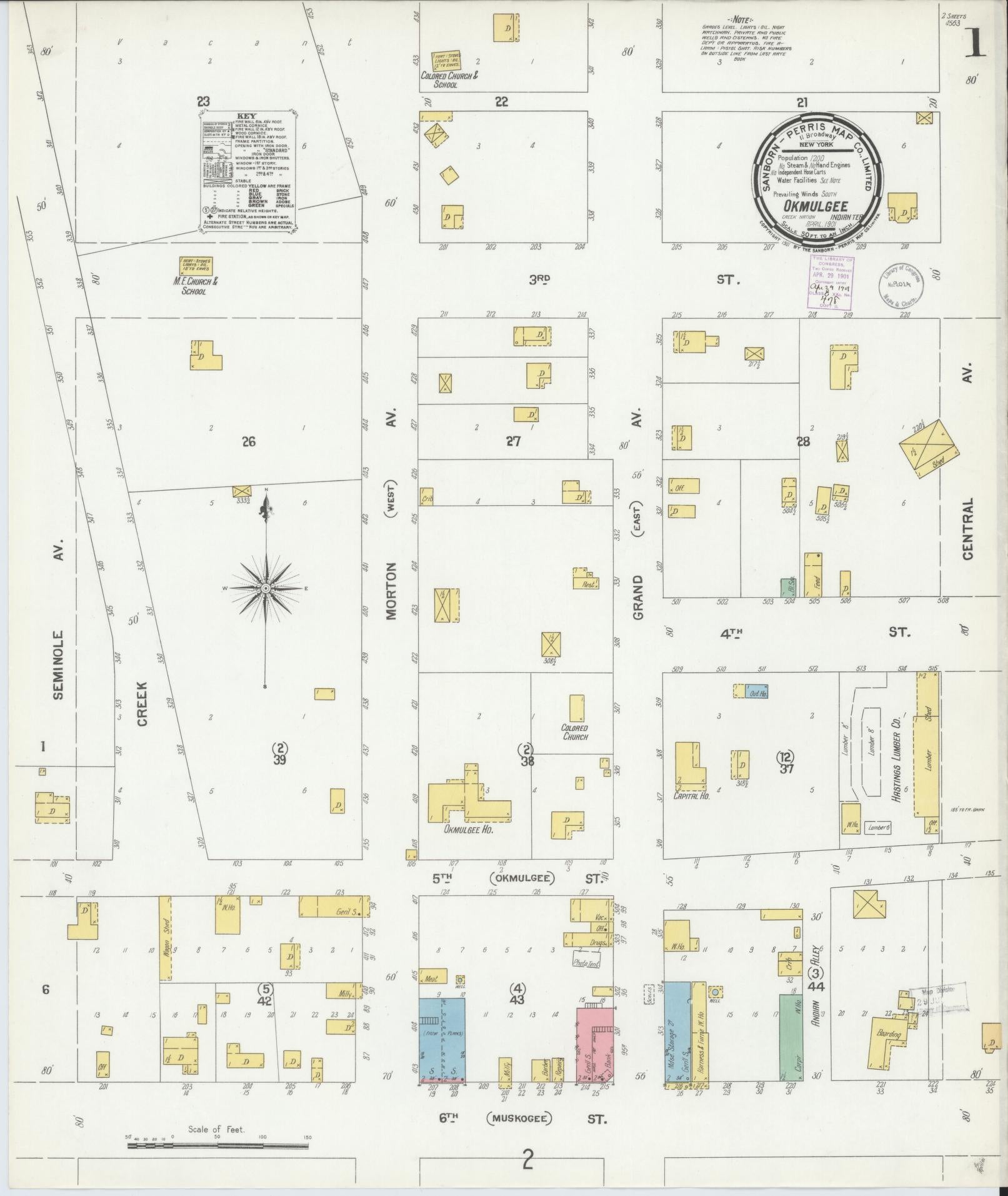 Sanborn Fire Insurance Map from Okmulgee, Okmulgee County, Oklahoma (1901), Sheet #0001 - Complete Map Set gallery image, historic Sanborn map, vintage wall art, Oklahoma Oklahoma