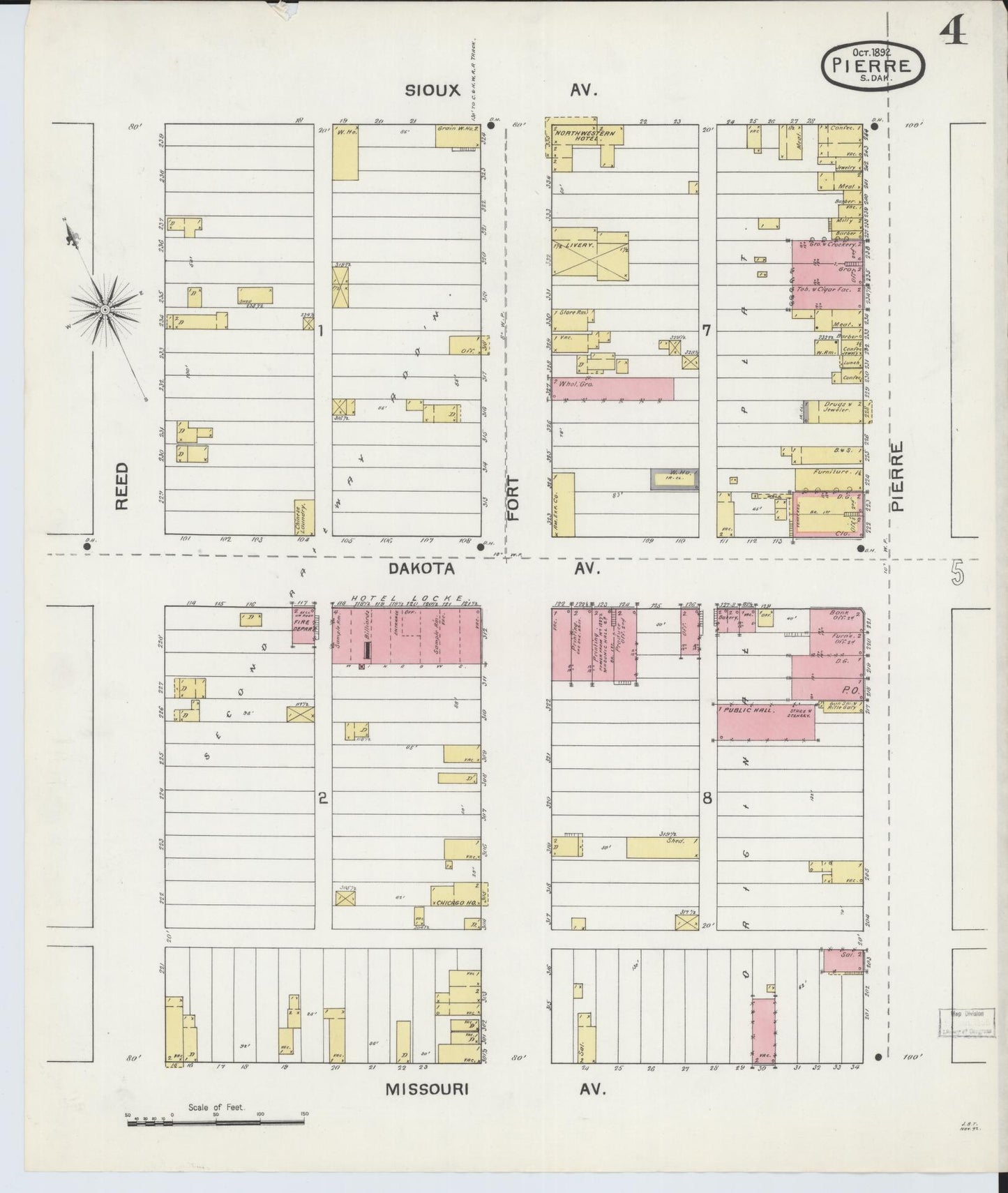 Sanborn Fire Insurance Map from Pierre, Hughes County, South Dakota (1892), Sheet #0004 - Historic Sanborn Fire Insurance Map Print, vintage old map wall art, antique decor, genealogy gift, South Dakota South Dakota map