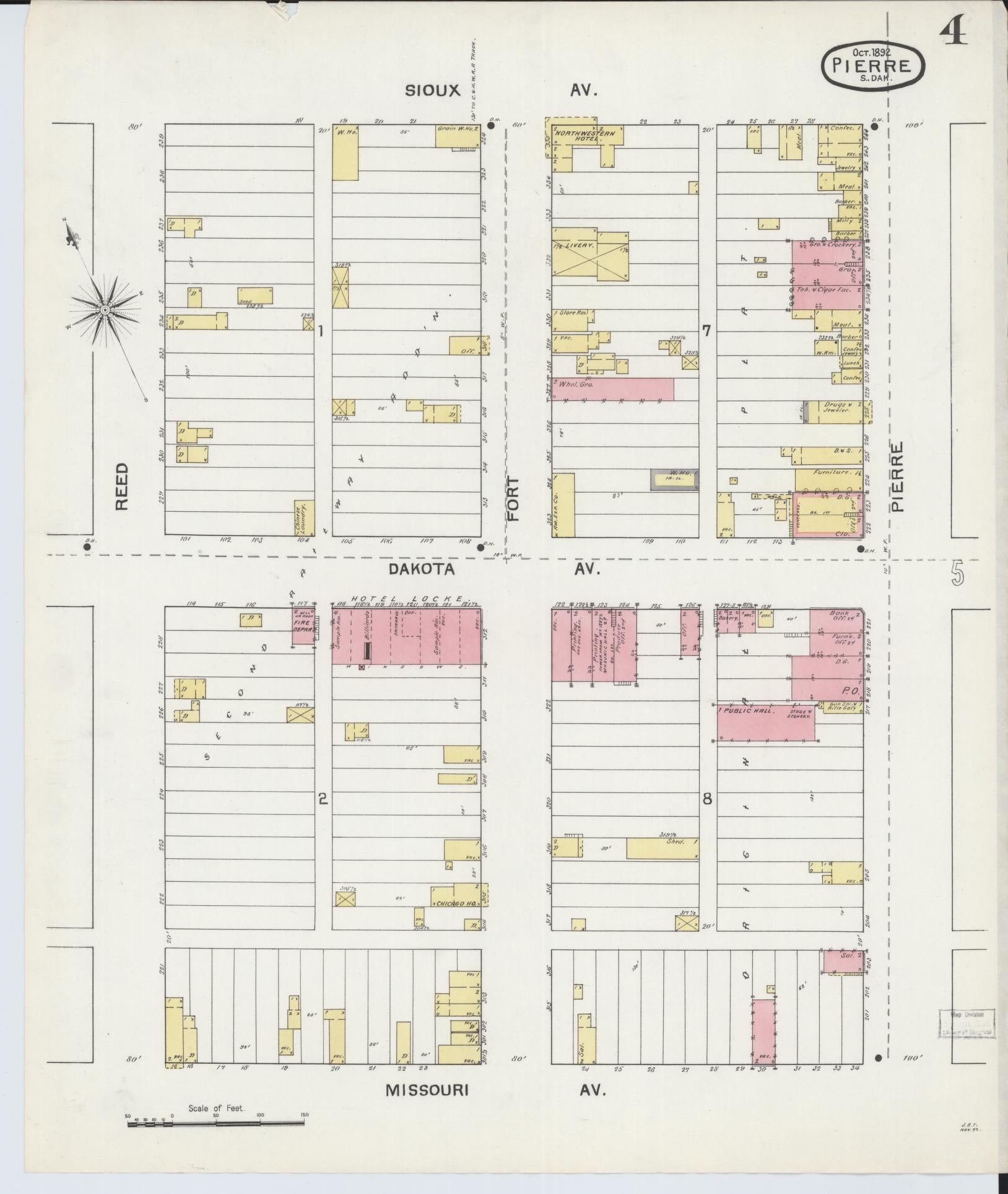 Sanborn Fire Insurance Map from Pierre, Hughes County, South Dakota (1892), Sheet #0004 - Historic Sanborn Fire Insurance Map Print, vintage old map wall art, antique decor, genealogy gift, South Dakota South Dakota map