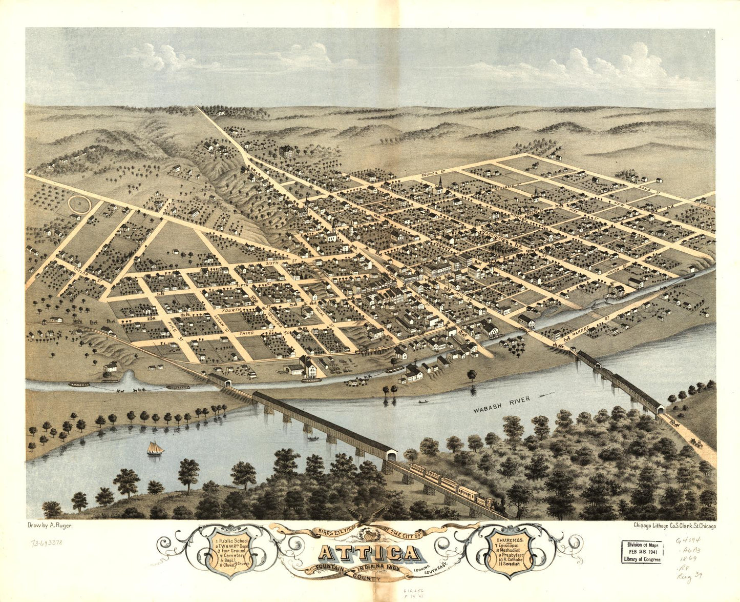Bird's eye view of the city of Attica, Fountain County, Indiana 1869. (1869) – Historic Bird’s-Eye View Panorama Print