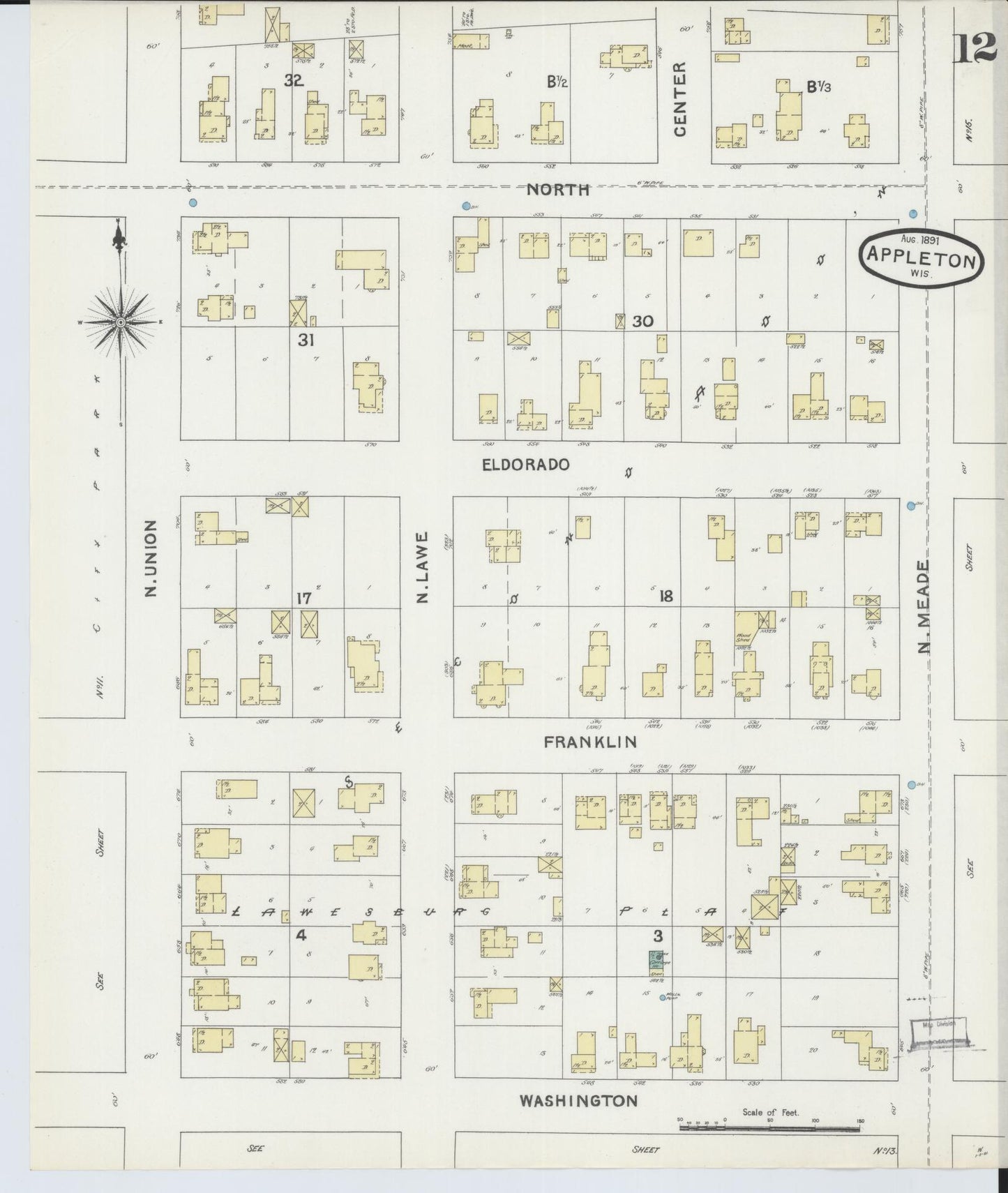 Sanborn Fire Insurance Map from Appleton, Outagamie County, Wisconsin (1891), Sheet #0012 - Complete Map Set gallery image, historic Sanborn map, vintage wall art, Wisconsin Wisconsin