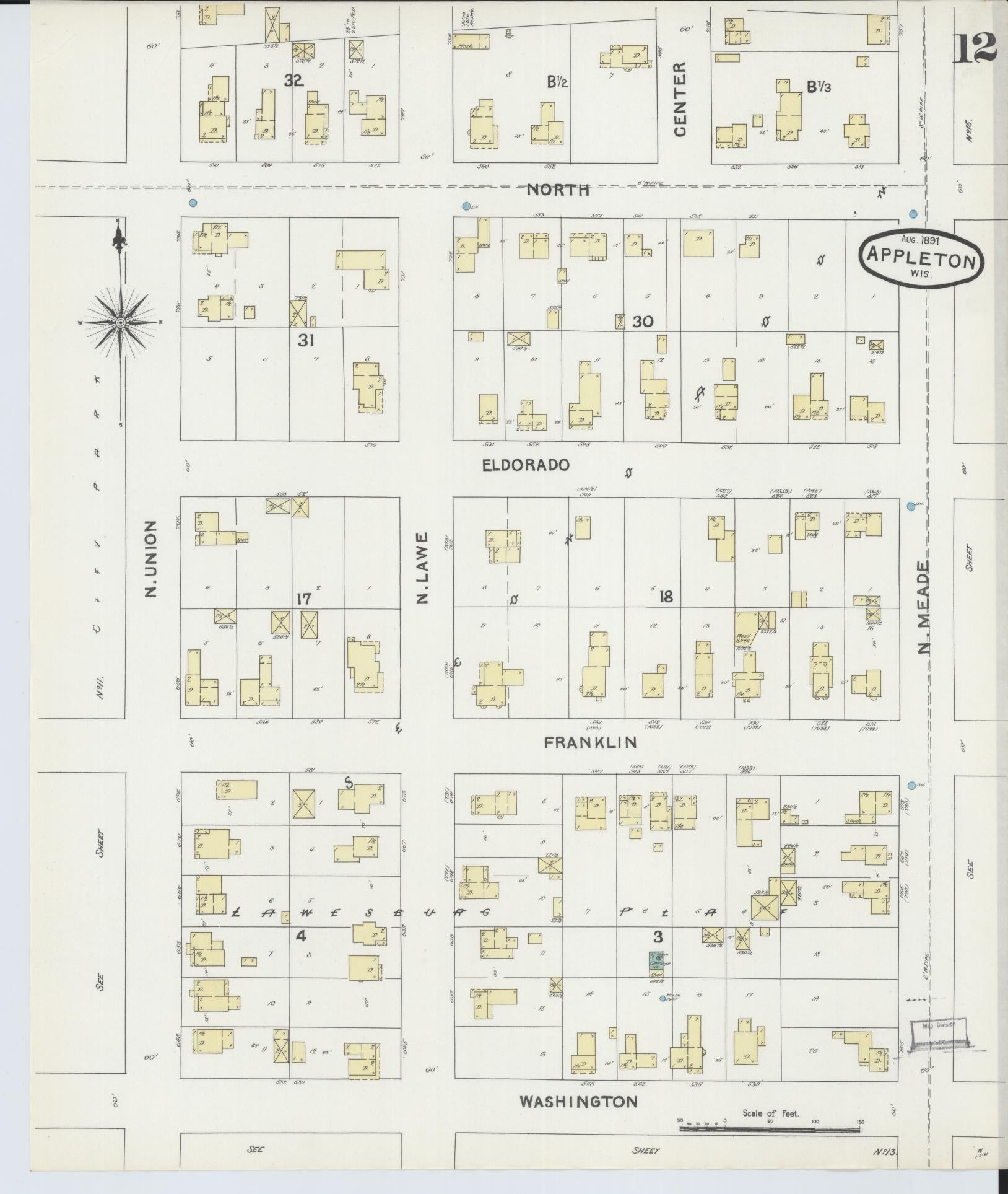 Sanborn Fire Insurance Map from Appleton, Outagamie County, Wisconsin (1891), Sheet #0012 - Complete Map Set gallery image, historic Sanborn map, vintage wall art, Wisconsin Wisconsin