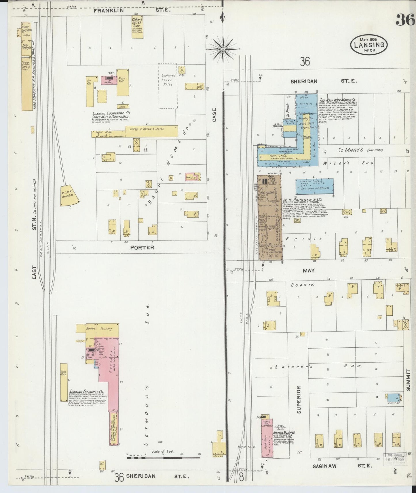 Sanborn Fire Insurance Map from Lansing, Ingham County, Michigan (1906), Sheet #0036 - Complete Map Set gallery image, historic Sanborn map, vintage wall art, Michigan Michigan