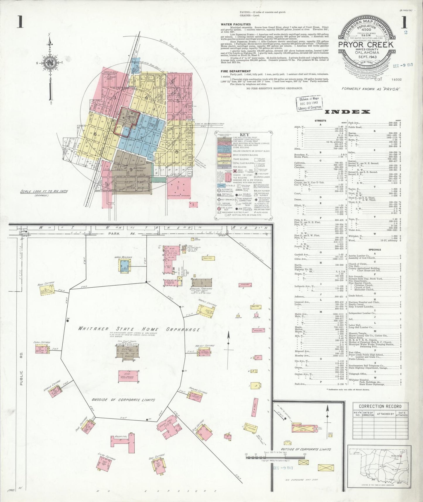 Sanborn Fire Insurance Map from Pryor Creek, Mayes County, Oklahoma (1943), Sheet #0001 - Complete Map Set gallery image, historic Sanborn map, vintage wall art, Oklahoma Oklahoma
