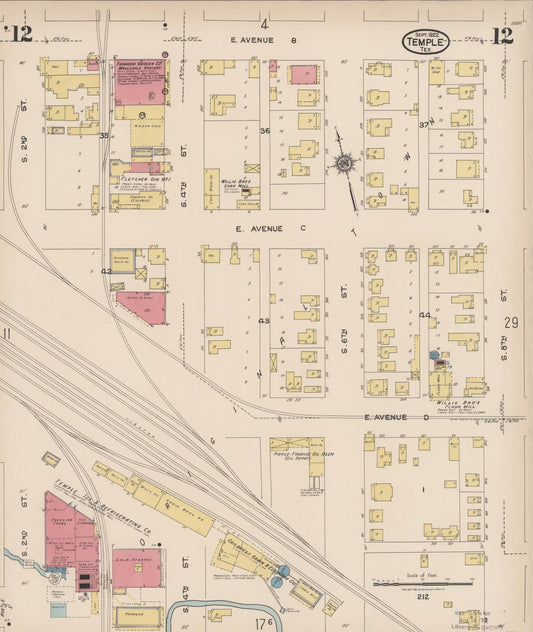 Sanborn Fire Insurance Map from Temple, Bell County, Texas (1922), Sheet #0012 - Historic Sanborn Fire Insurance Map Print, vintage old map wall art, antique decor, genealogy gift, Texas Texas map