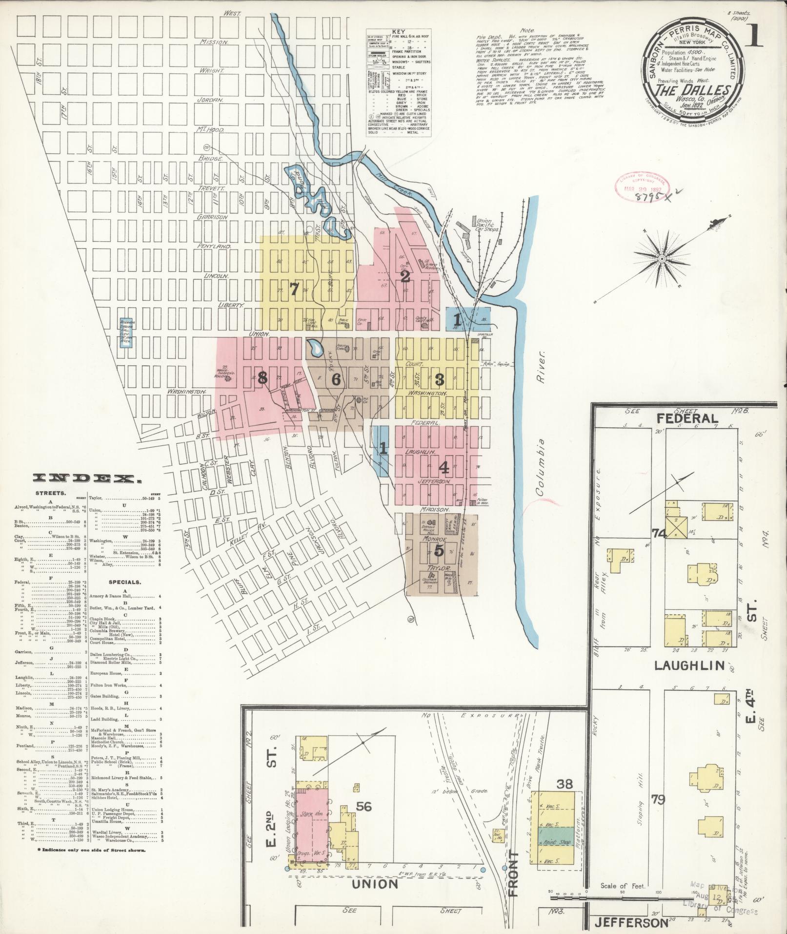 Sanborn Fire Insurance Map from The Dalles, Wasco County, Oregon (1892), Sheet #0001 - Historic Sanborn Fire Insurance Map Print, vintage old map wall art, antique decor, genealogy gift, Oregon Oregon map
