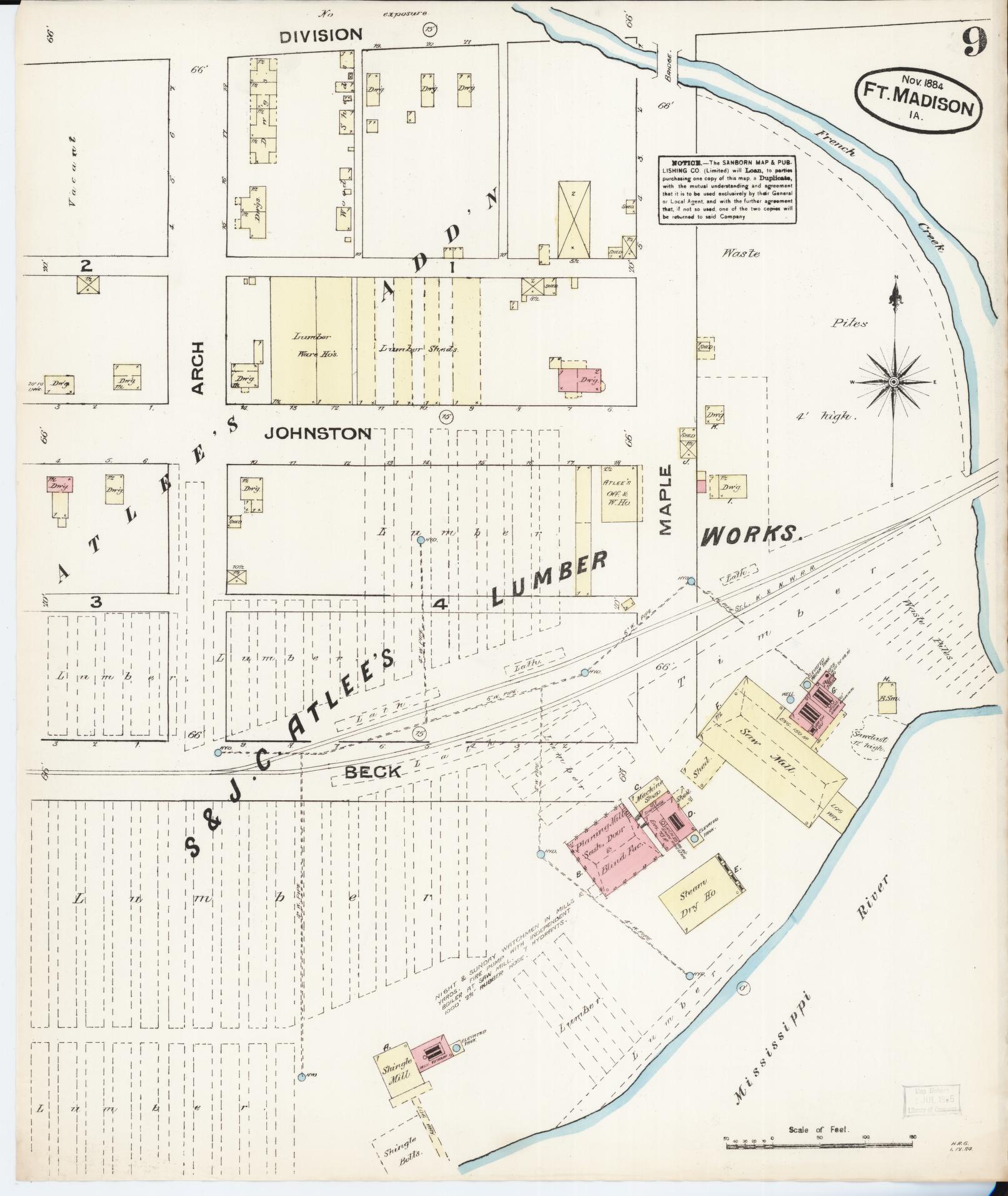 Sanborn Fire Insurance Map from Fort Madison, Lee County, Iowa (1884), Sheet #0009 - Historic Sanborn Fire Insurance Map Print, vintage old map wall art