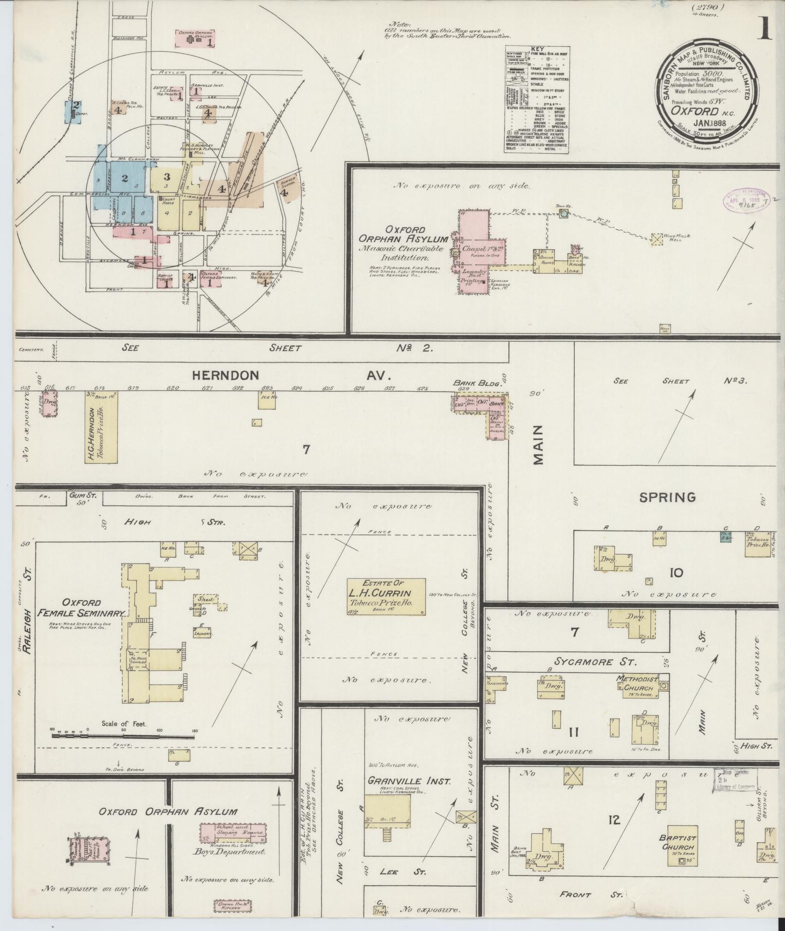 Sanborn Fire Insurance Map from Oxford, Granville County, North Carolina (1888), Sheet #0001 - Complete Map Set gallery image, historic Sanborn map, vintage wall art, North Carolina North Carolina