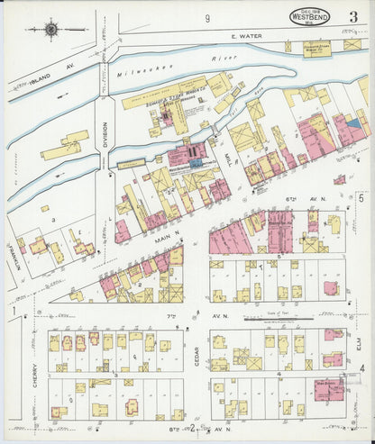 Sanborn Fire Insurance Map from West Bend, Washington County, Wisconsin (1919), Sheet #0003 - Historic Sanborn Fire Insurance Map Print, vintage old map wall art, antique decor, genealogy gift, Wisconsin Wisconsin map