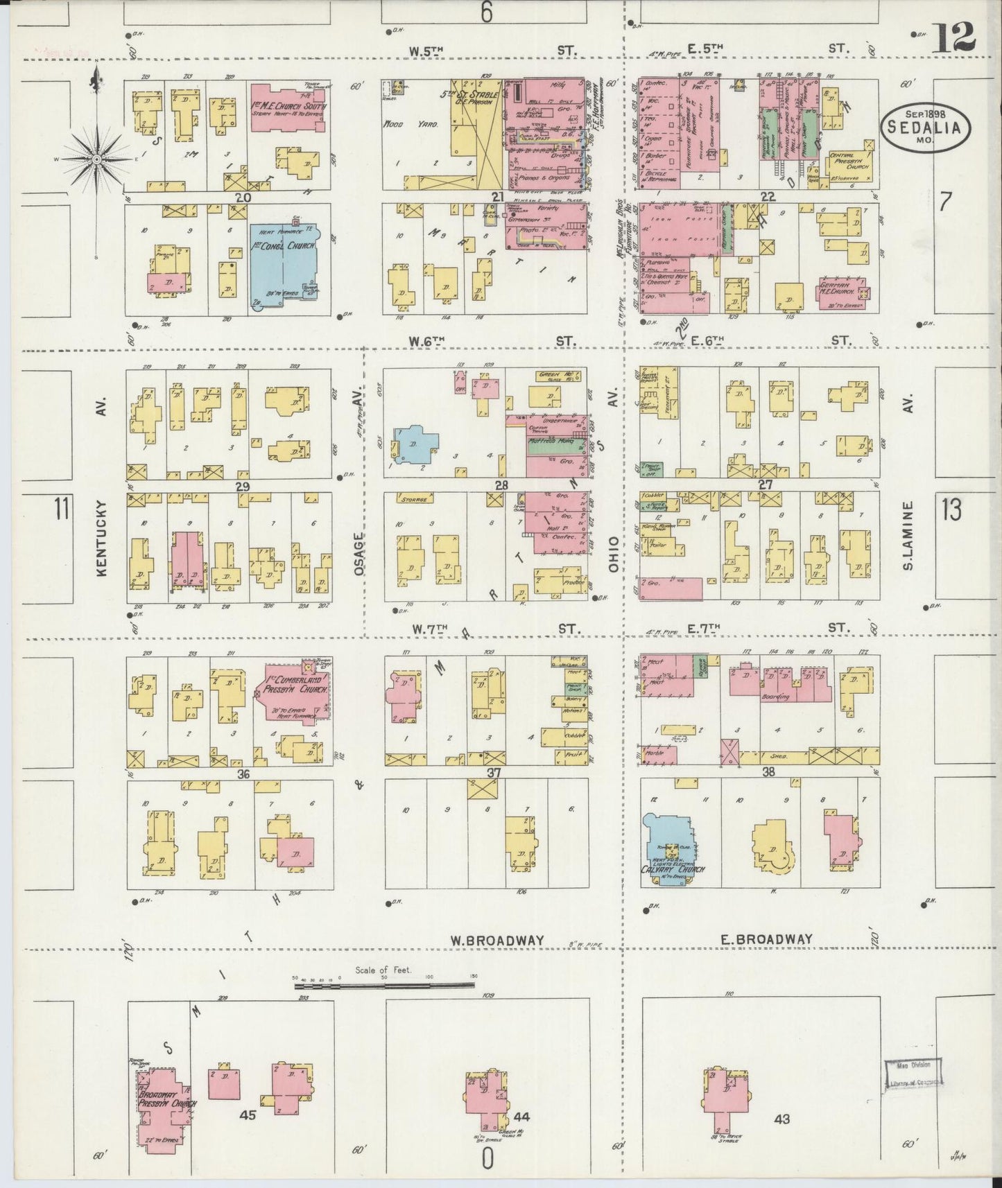 Sanborn Fire Insurance Map from Sedalia, Pettis County, Missouri (1898), Sheet #0012 - Historic Sanborn Fire Insurance Map Print, vintage old map wall art, antique decor, genealogy gift, Missouri Missouri map