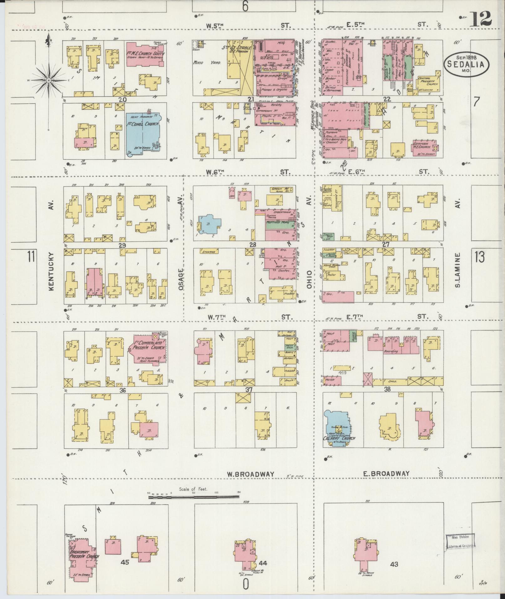 Sanborn Fire Insurance Map from Sedalia, Pettis County, Missouri (1898), Sheet #0012 - Historic Sanborn Fire Insurance Map Print, vintage old map wall art, antique decor, genealogy gift, Missouri Missouri map