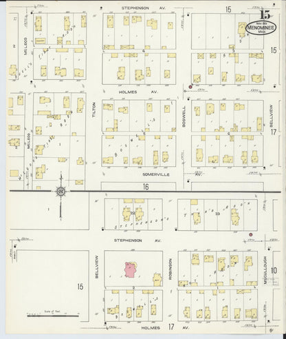 Sanborn Fire Insurance Map from Menominee, Menominee County, Michigan (1913), Sheet #0015 - Historic Sanborn Fire Insurance Map Print, vintage old map wall art, antique decor, genealogy gift, Michigan Michigan map