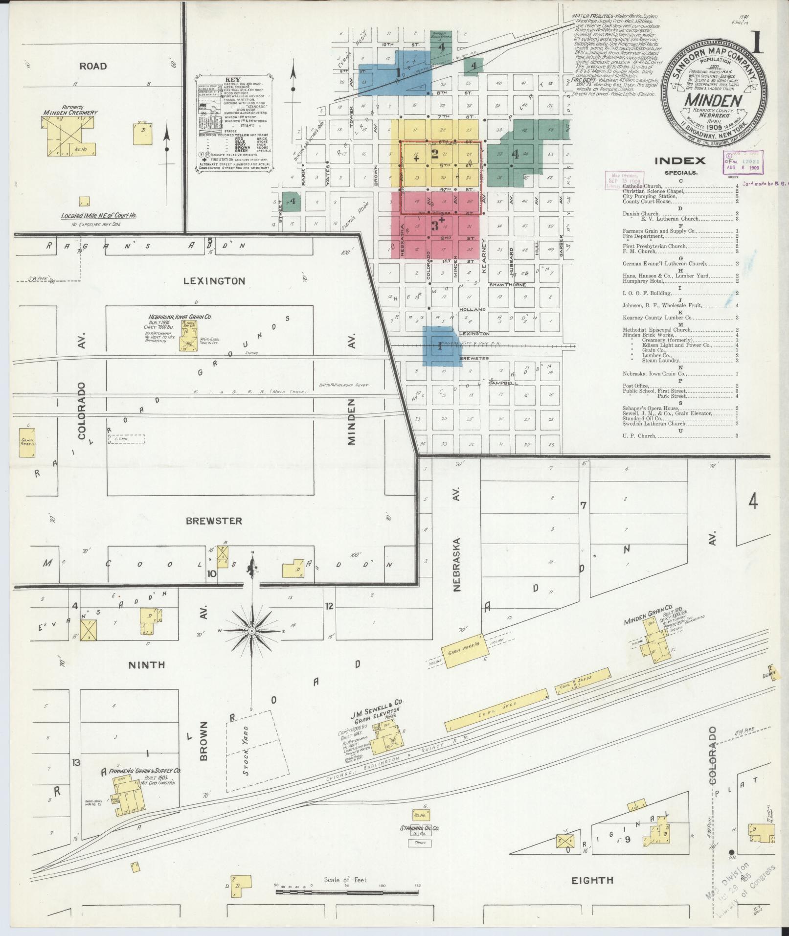Sanborn Fire Insurance Map from Minden, Kearney County, Nebraska (1909), Sheet #0001 - Historic Sanborn Fire Insurance Map Print, vintage old map wall art, antique decor, genealogy gift, Nebraska Nebraska map