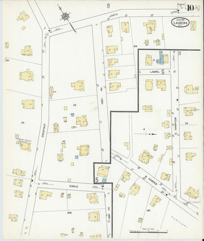 Sanborn Fire Insurance Map from Laurens, Laurens County, South Carolina (1912), Sheet #0010 - Complete Map Set gallery image, historic Sanborn map, vintage wall art, South Carolina South Carolina