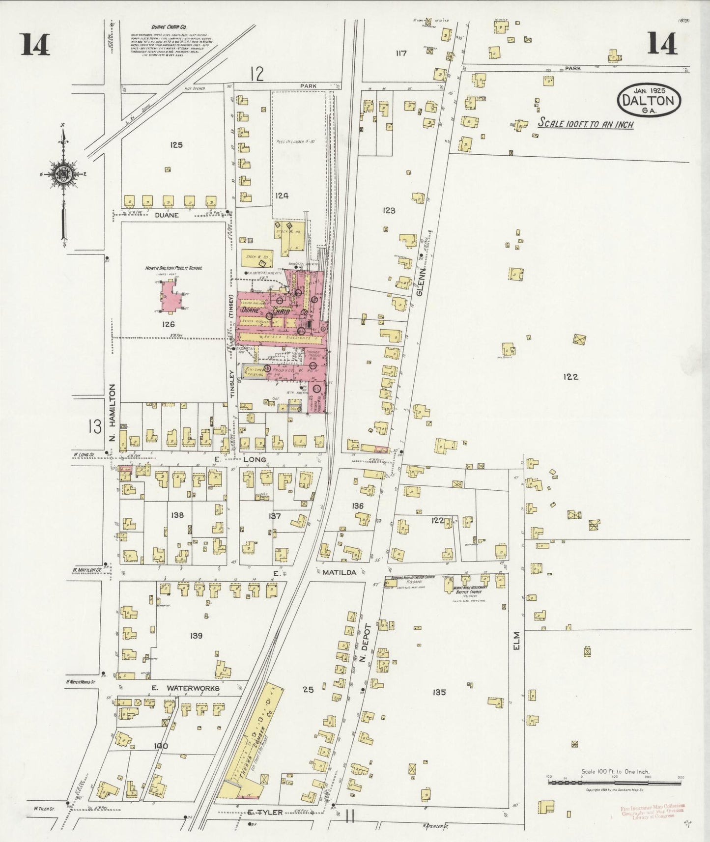 Sanborn Fire Insurance Map from Dalton, Whitfield County, Georgia (1925), Sheet #0014 - Historic Sanborn Fire Insurance Map Print, vintage old map wall art, antique decor, genealogy gift, Georgia Georgia map