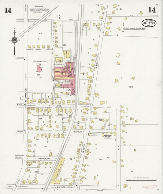Sanborn Fire Insurance Map from Dalton, Whitfield County, Georgia (1925), Sheet #0014 - Historic Sanborn Fire Insurance Map Print, vintage old map wall art, antique decor, genealogy gift, Georgia Georgia map