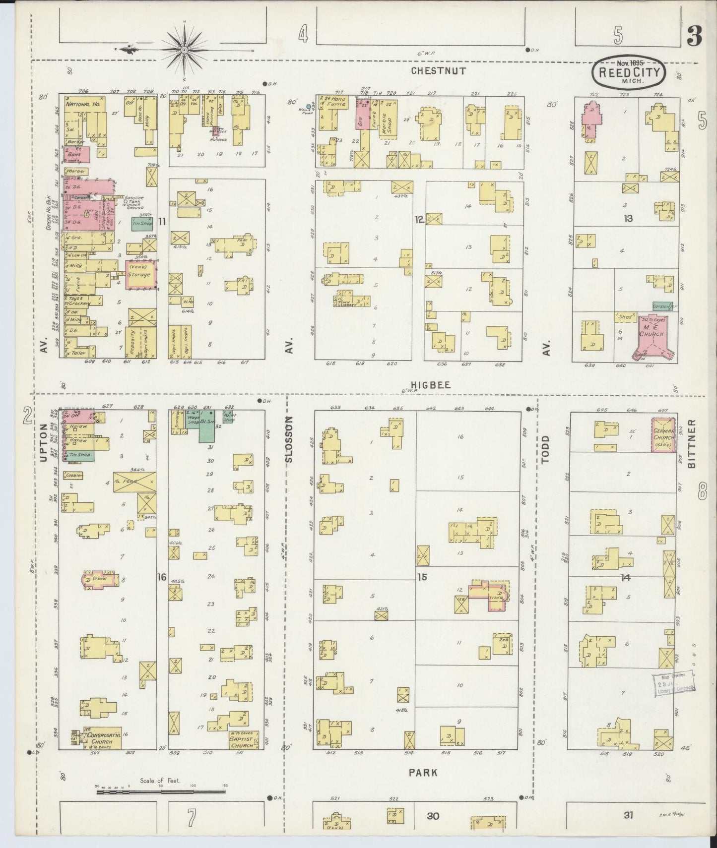 Sanborn Fire Insurance Map from Reed City, Osceola County, Michigan (1895), Sheet #0003 - Complete Map Set gallery image, historic Sanborn map, vintage wall art, Michigan Michigan