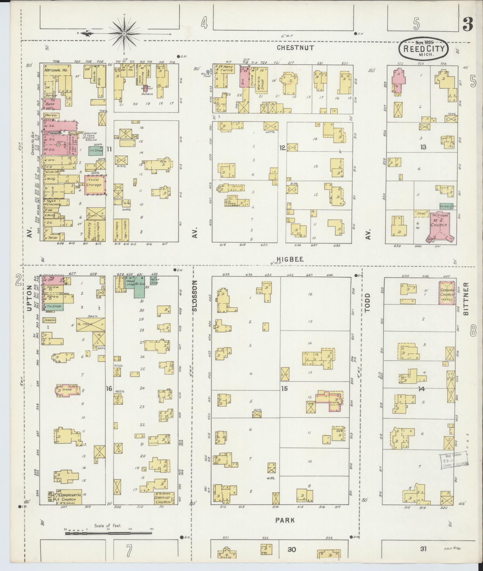 Sanborn Fire Insurance Map from Reed City, Osceola County, Michigan (1895), Sheet #0003 - Complete Map Set gallery image, historic Sanborn map, vintage wall art, Michigan Michigan