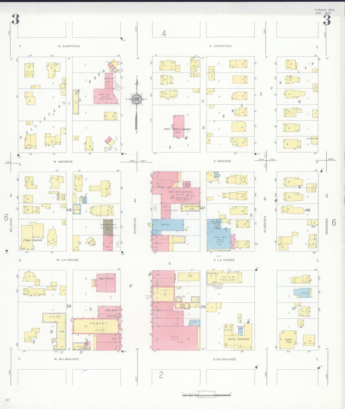 Sanborn Fire Insurance Map from Tomah, Monroe County, Wisconsin (1937), Sheet #0003 - Historic Sanborn Fire Insurance Map Print, vintage old map wall art, antique decor, genealogy gift, Wisconsin Wisconsin map