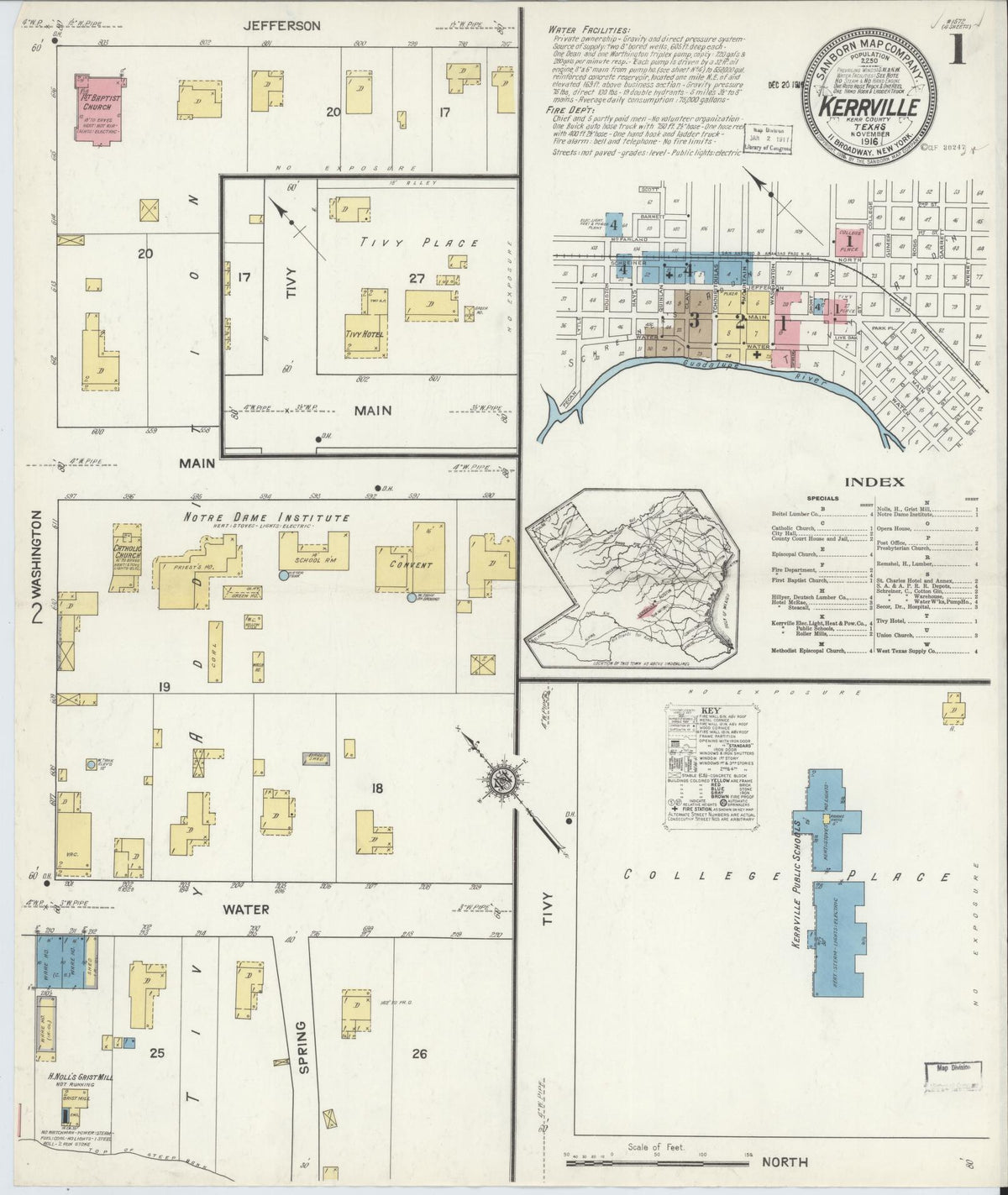 Sanborn Fire Insurance Map from Kerrville, Kerr County, Texas (1916), Sheet #0001 - Complete Map Set gallery image, historic Sanborn map, vintage wall art, Texas Texas