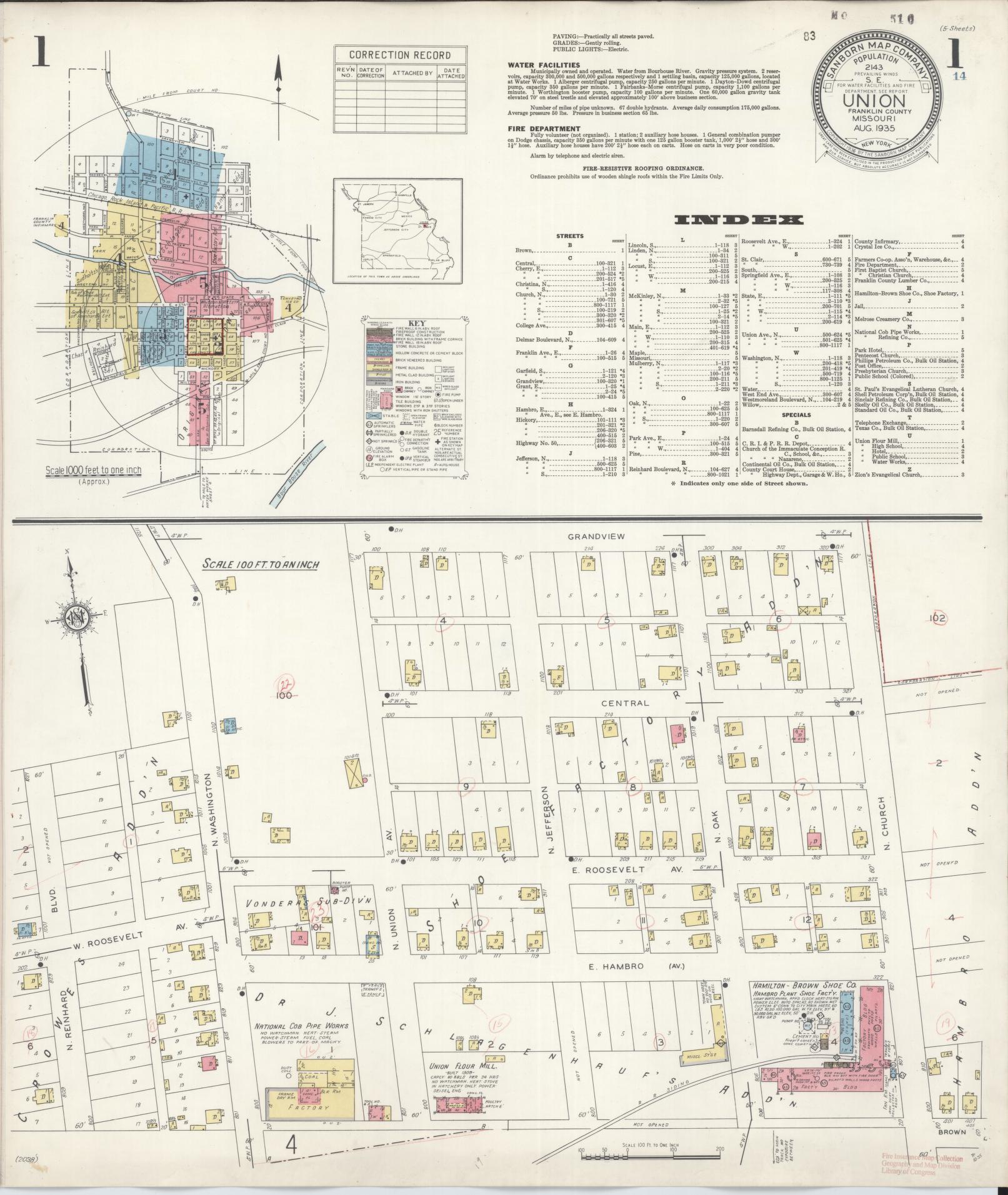 Sanborn Fire Insurance Map from Union, Franklin County, Missouri (1935), Sheet #0001 - Historic Sanborn Fire Insurance Map Print, vintage old map wall art, antique decor, genealogy gift, Missouri Missouri map