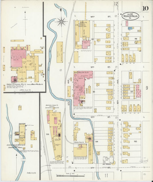 Sanborn Fire Insurance Map from Beaver Falls, Beaver County, Pennsylvania (1907), Sheet #0010 - Historic Sanborn Fire Insurance Map Print, vintage old map wall art, antique decor, genealogy gift, Pennsylvania Pennsylvania map