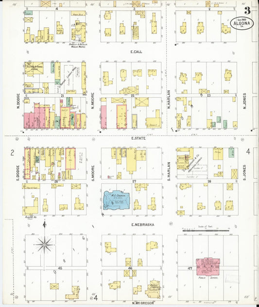 Sanborn Fire Insurance Map from Algona, Kossuth County, Iowa (1900), Sheet #0003 - Historic Sanborn Fire Insurance Map Print, vintage old map wall art