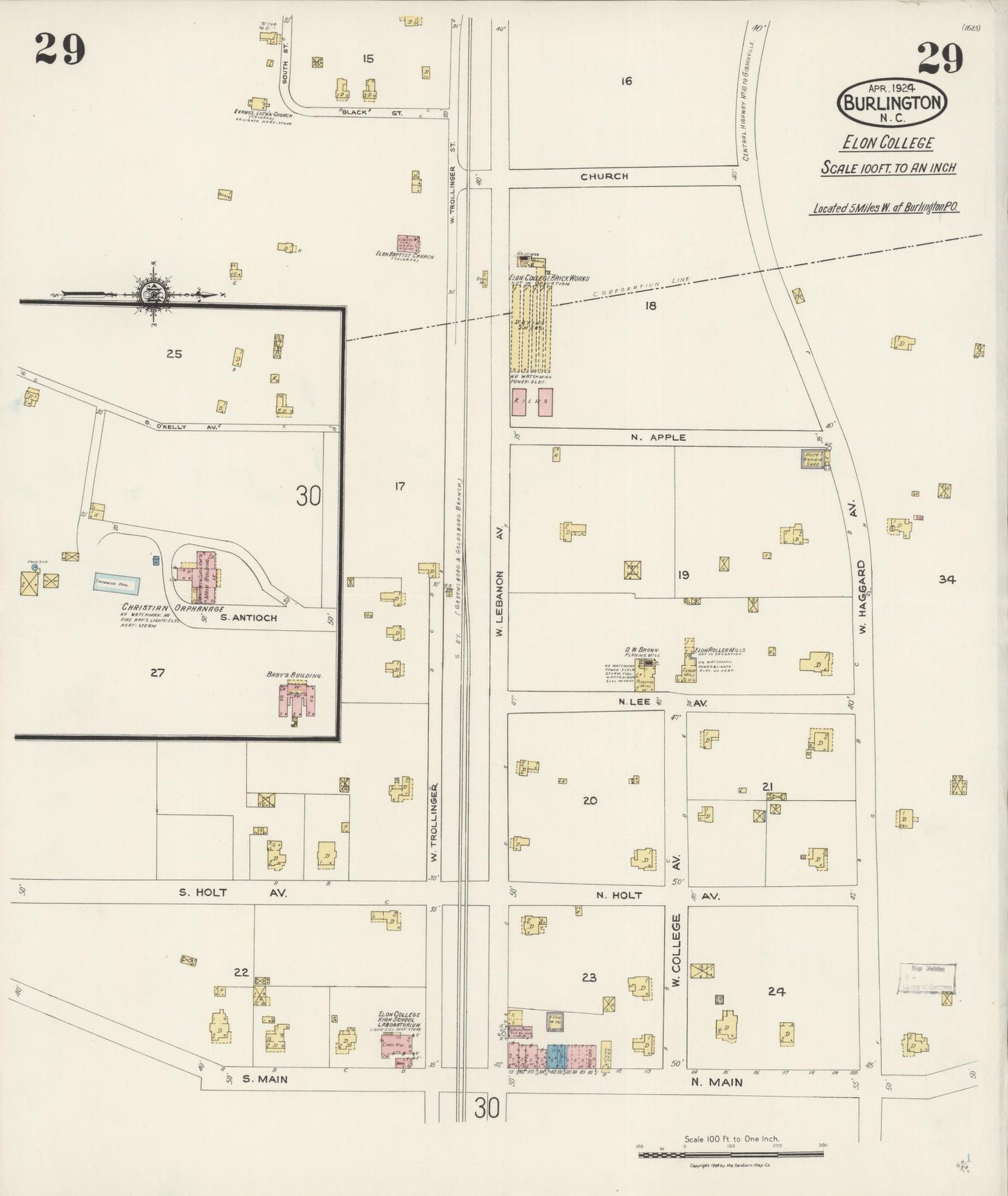 Sanborn Fire Insurance Map from Burlington, Alamance County, North Carolina (1924), Sheet #0029 - Historic Sanborn Fire Insurance Map Print, vintage old map wall art, antique decor, genealogy gift, North Carolina North Carolina map