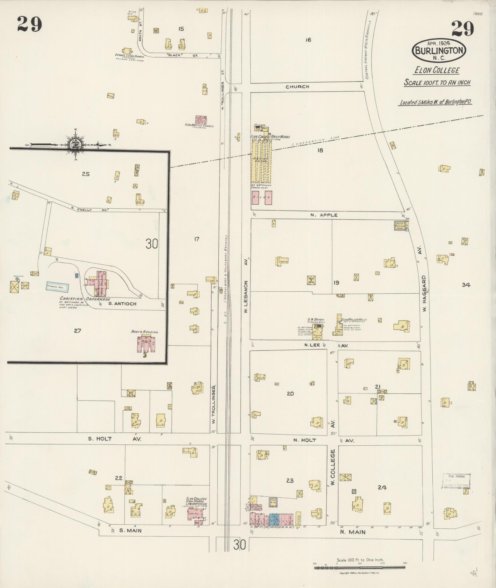 Sanborn Fire Insurance Map from Burlington, Alamance County, North Carolina (1924), Sheet #0029 - Historic Sanborn Fire Insurance Map Print, vintage old map wall art, antique decor, genealogy gift, North Carolina North Carolina map