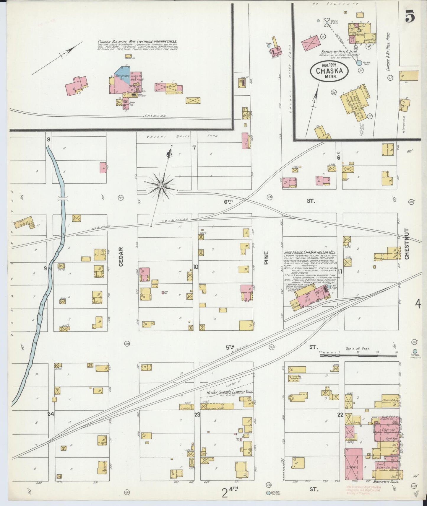 Sanborn Fire Insurance Map from Chaska, Carver County, Minnesota (1899), Sheet #0005 - Historic Sanborn Fire Insurance Map Print, vintage old map wall art, antique decor, genealogy gift, Minnesota Minnesota map