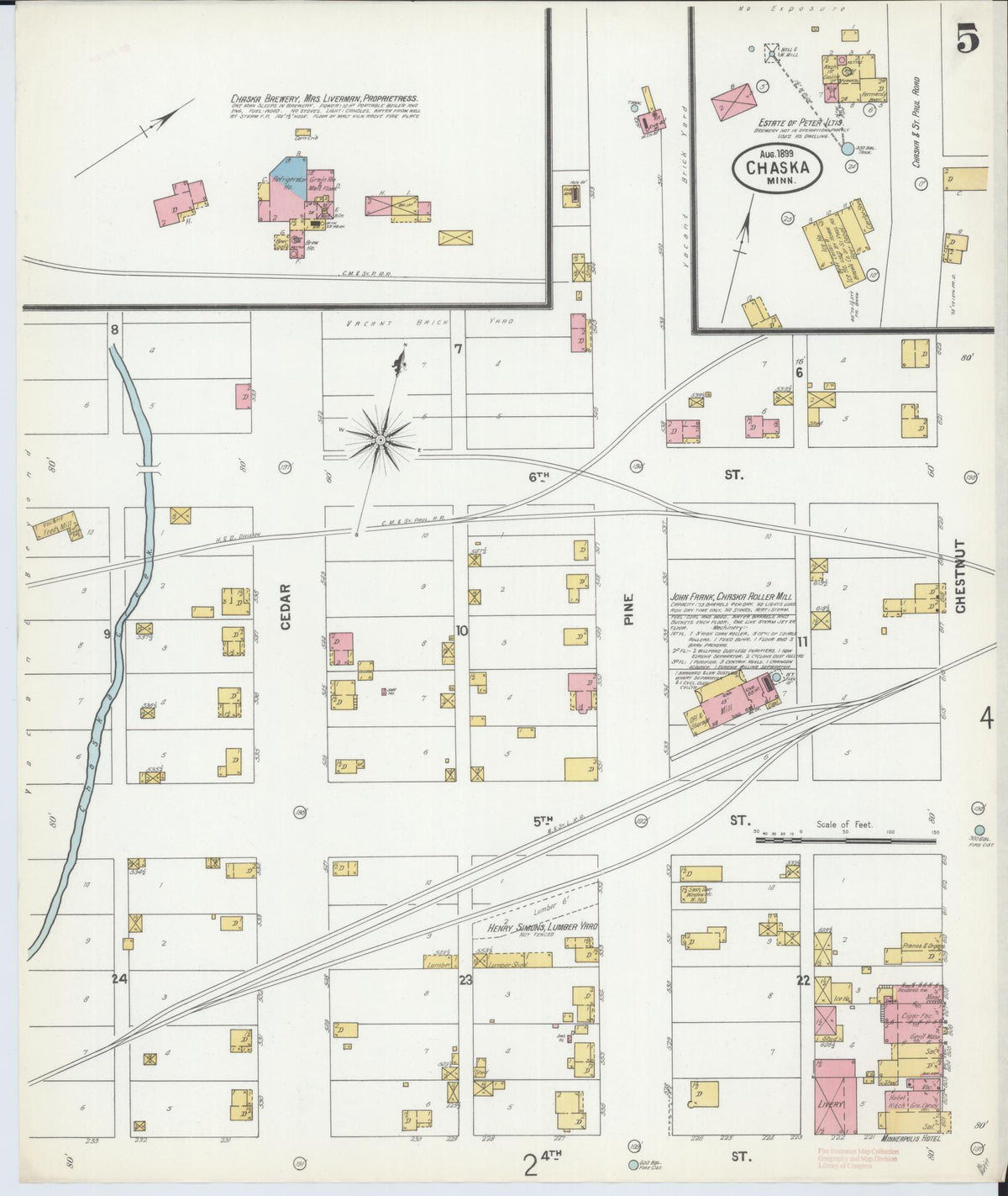 Sanborn Fire Insurance Map from Chaska, Carver County, Minnesota (1899), Sheet #0005 - Historic Sanborn Fire Insurance Map Print, vintage old map wall art, antique decor, genealogy gift, Minnesota Minnesota map